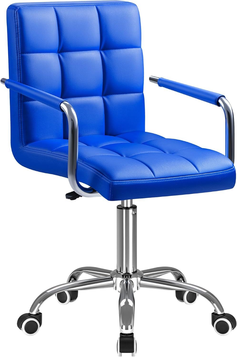 Mid-Back Office Task Chair Ribbed PU Leather Executive Chair Modern Adjustable Home Desk Chair Retro Comfortable Work Chair 360 Degree Swivel with Arms (Blue)