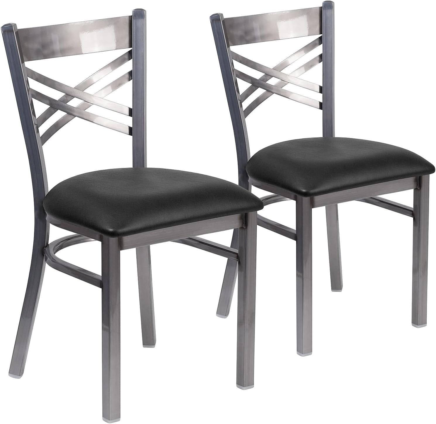 2 Pack HERCULES Series Clear Coated &#39;&#39;X&#39;&#39; Back Metal Restaurant Chair - Black Vinyl Seat