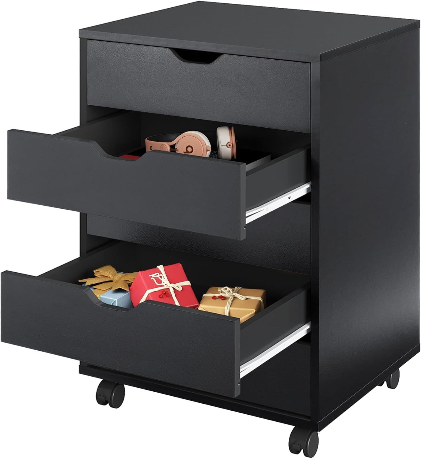 5-Drawer Chest, Wood Storage Dresser File Cabinet with Wheels, Mobile Dresser for Home Office, Black