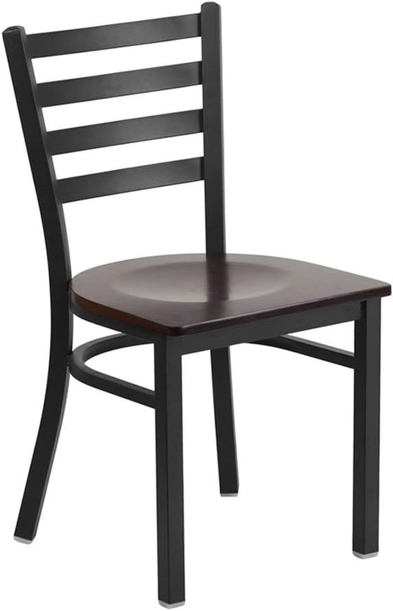 2 Pack HERCULES Series Black Ladder Back Metal Restaurant Chair - Walnut Wood Seat