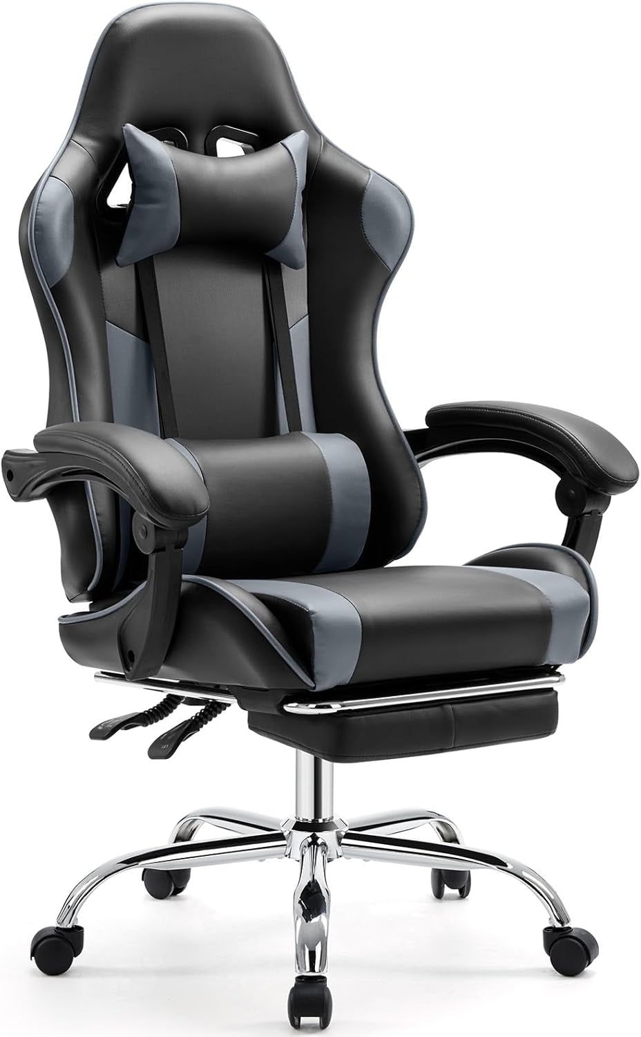 Video Game Desk Chair - Ergonomic Computer with Footrest and Comfy Lumbar Support, PU Leather Recliner with Headrest, Fixed up Armrest, Height Adjustable with 360° Swivel, for Adults, Grey
