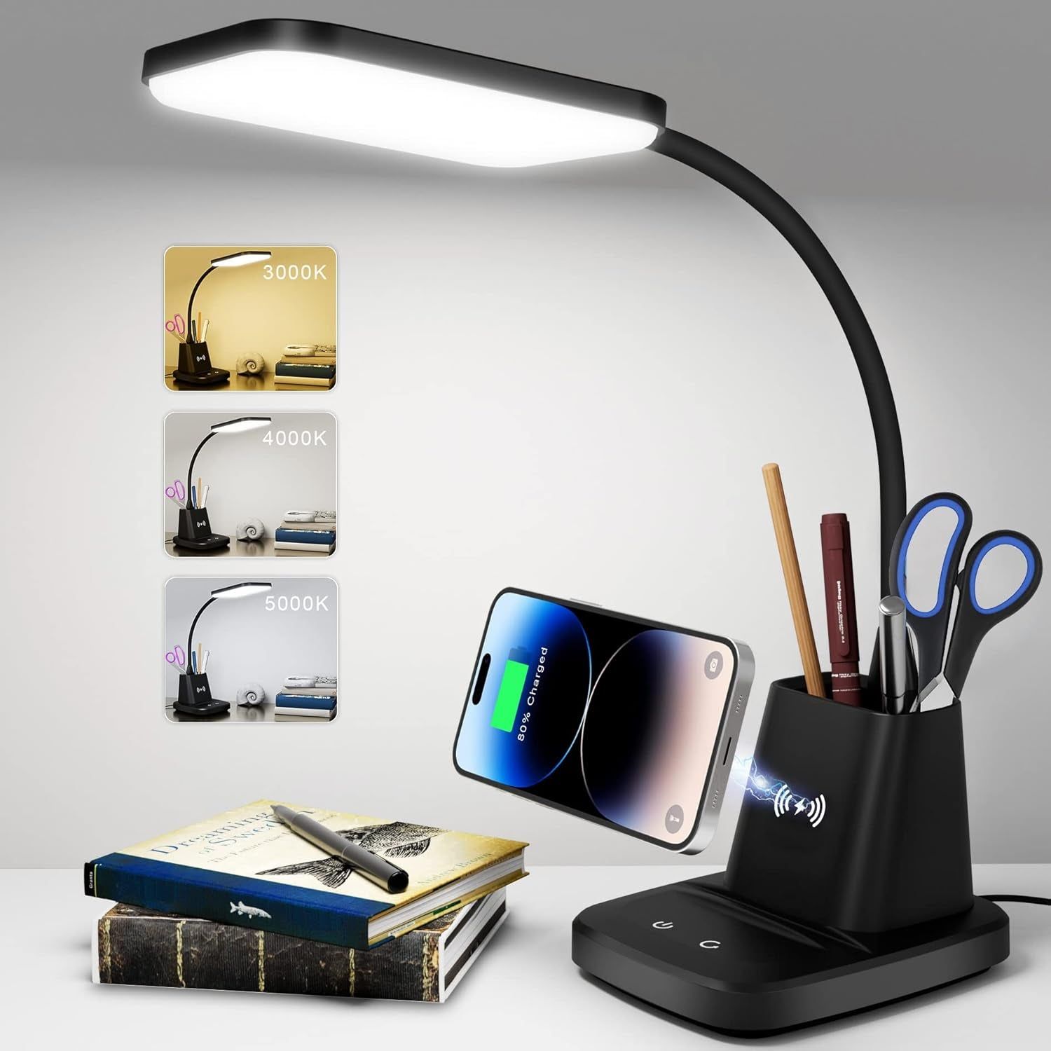 Desk Lamp, LED Desk Lamps for Home Office, Wireless Charger Small Desk Lamp with Pen Holder, 3 Color Modes, Dimmable, CRI 85, 800 LM, Study Lamp for College Dorm Room, Adapter Included, Black