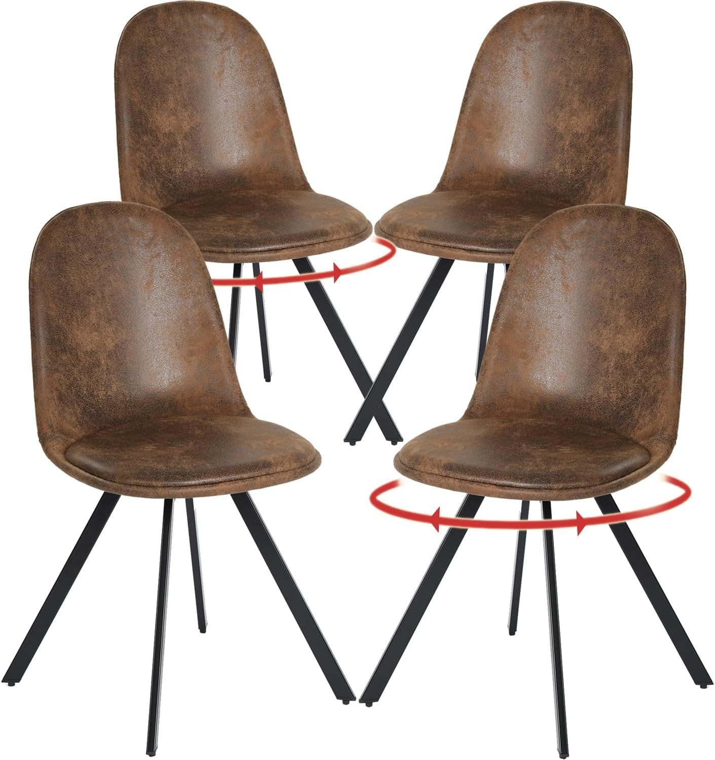 Swivel Dining Chairs Set of 4, Dining Room Chairs Suede Fabric Mid Back Armelss with Padded Rotated Seat Cushion and Metal Legs, Brown