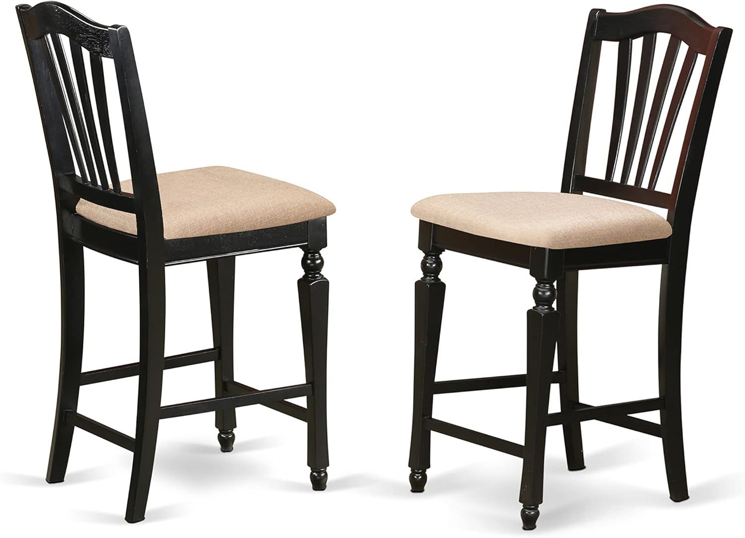CHS-BLK-C Café Counter Height Kitchen Chairs - Linen Fabric Upholstered Solid Wood Chairs, Set of 2, Black