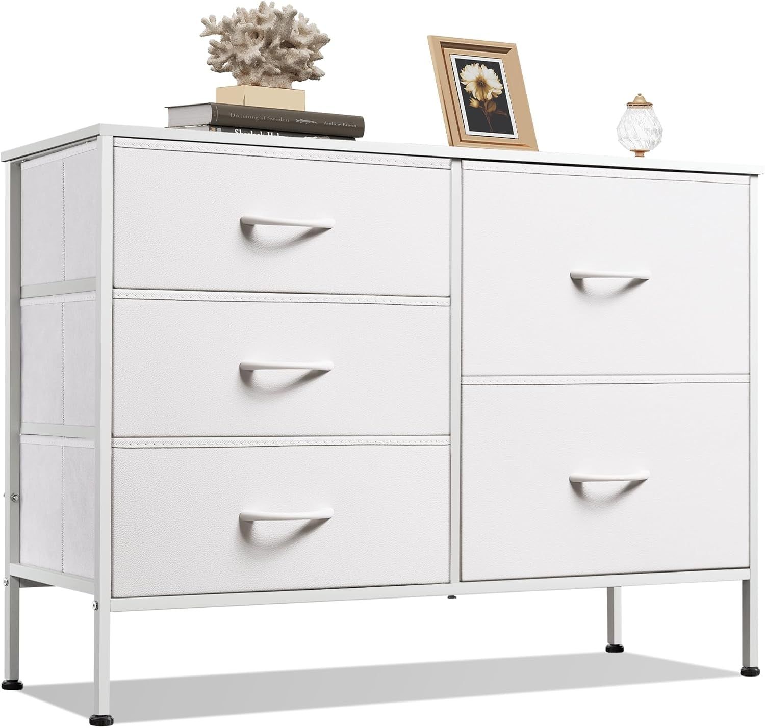 Dresser for Bedroom with 5 Drawers, Wide Bedroom Dresser with Drawer Organizers, Chest of Drawers, Fabric Dresser for Living Room, Closet, Hallway, White