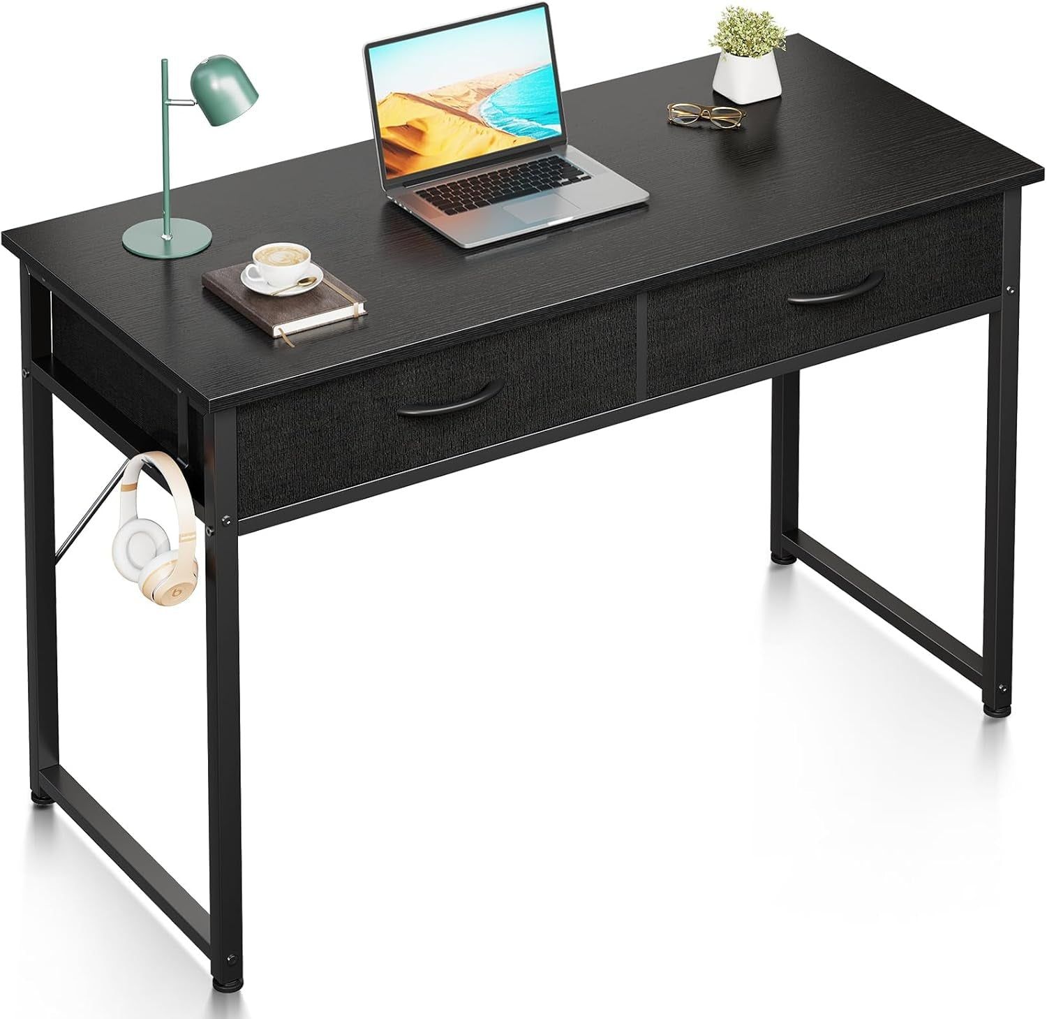 40 Inch Small Desk with Fabric Drawers- for Bedroom, Black Study Desk with Storage, Home Office Computer Desk for Small Spaces, Modern Work Writing Kids Table, Black
