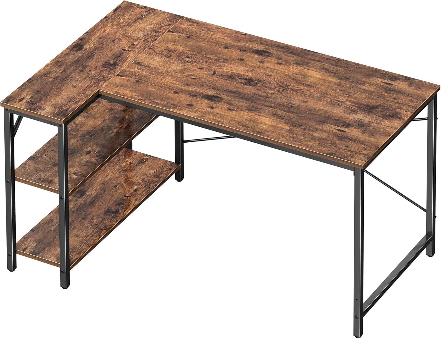 47 Inches L Shaped Desk, Computer Desk with Reversible Storage Shelves, Gaming Desk, Corner Desk Home Office Desks, Writing Desk Study Desk with Metal Frame, Rustic Brown