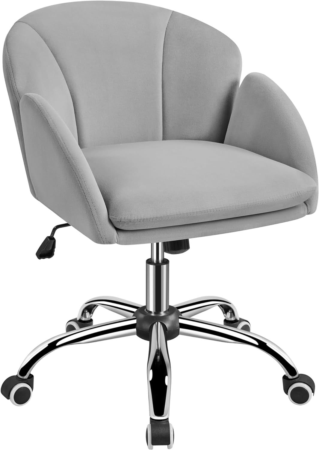 Cute Velvet Desk Chair for Home Office, Makeup Vanity Chair with Armrests for Bedroom Modern Swivel Rolling Chair for Women Light Gray