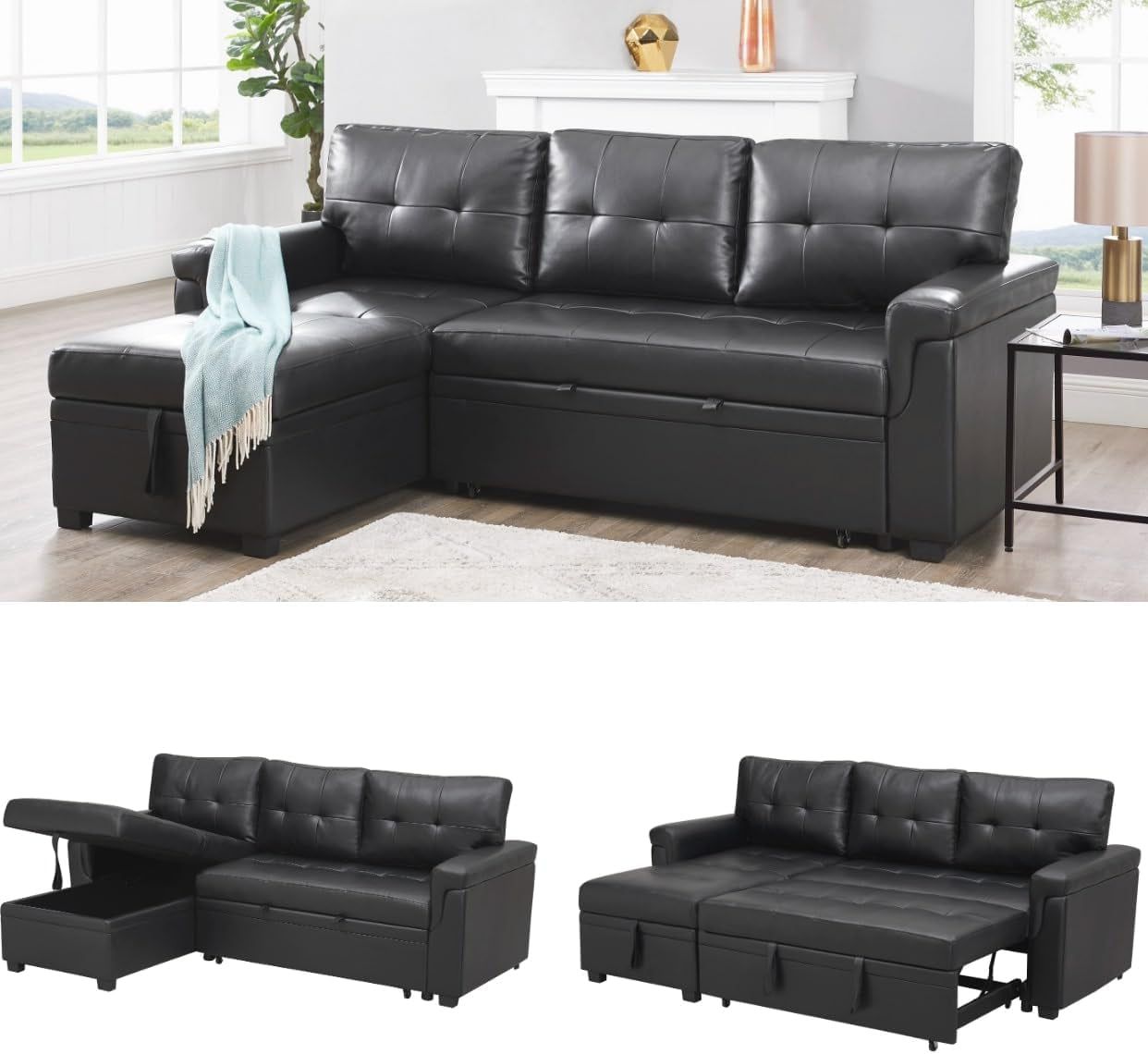 Transform Any Space: Sleeper Sectional Sofa with Convertible Sofa Bed &amp; Inviting Chaise. Find Tranquil Comfort with Stress-Relieving Design &amp; Durable Cushions - Black/Air Leather