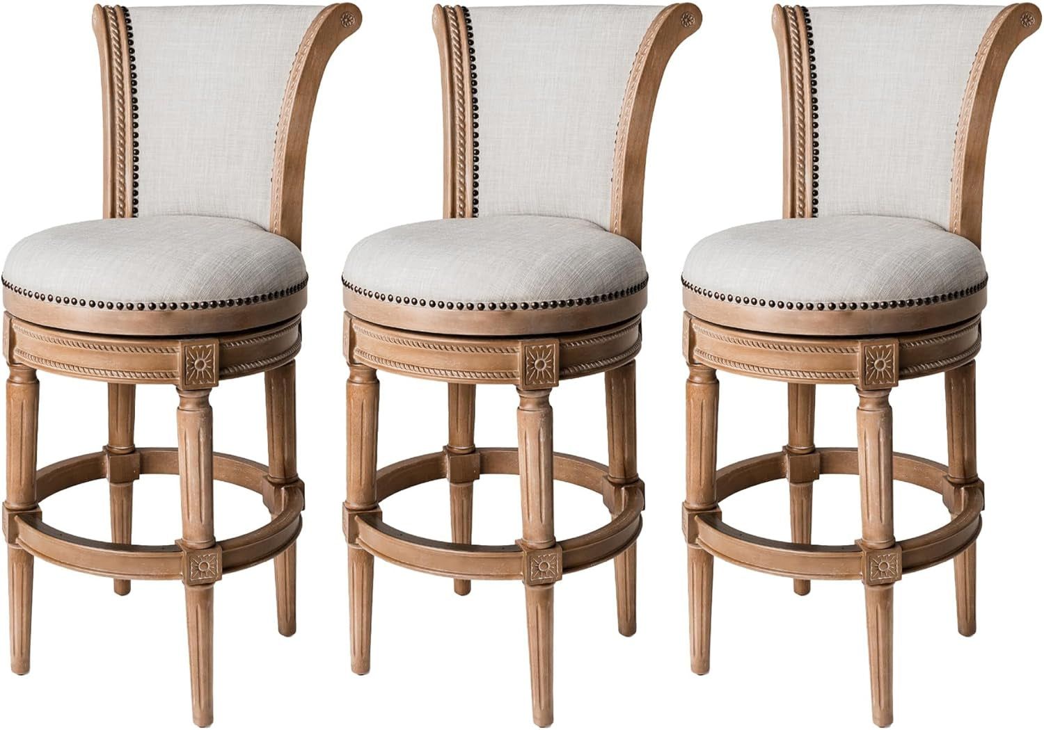 Pullman 31 Inch Tall Bar Height Upholstered Barstool with Back in Weathered Oak Finish with Sand Color Fabric Cushion Seat, Set of 3