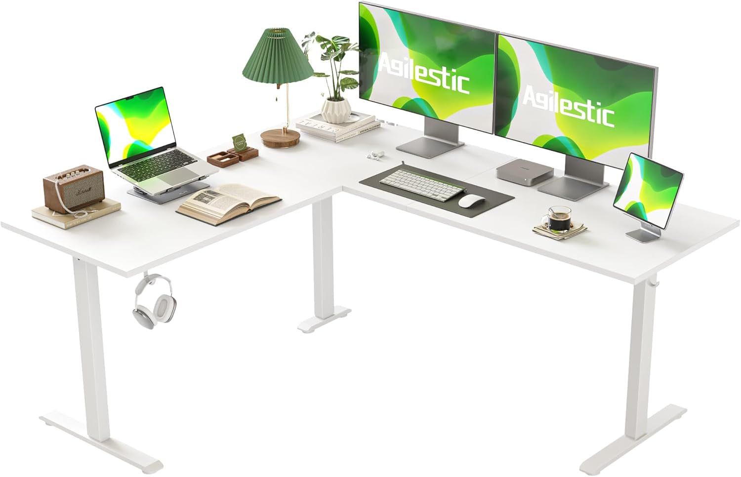 L Shaped Standing Desk Adjustable Height, Electric Corner Standing Desk, 63 X 55 Inch Sit Stand Computer Table with Splice Board, White
