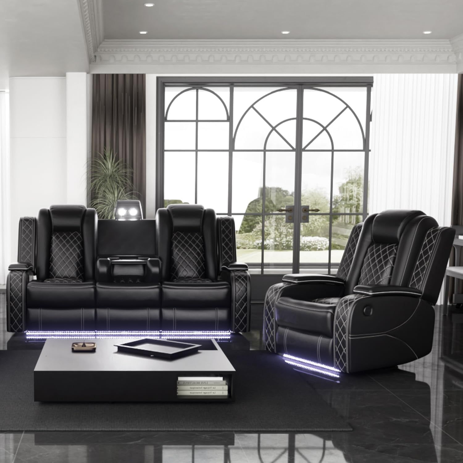 Power Black Leather Reclining Sofa Set with LED Light for Living Room Set，Theater Seat Recliner Chair 3 Seats Double Recliner Sofa with Drop-Down Table/Read Light/Wireless Charge/Usb Port