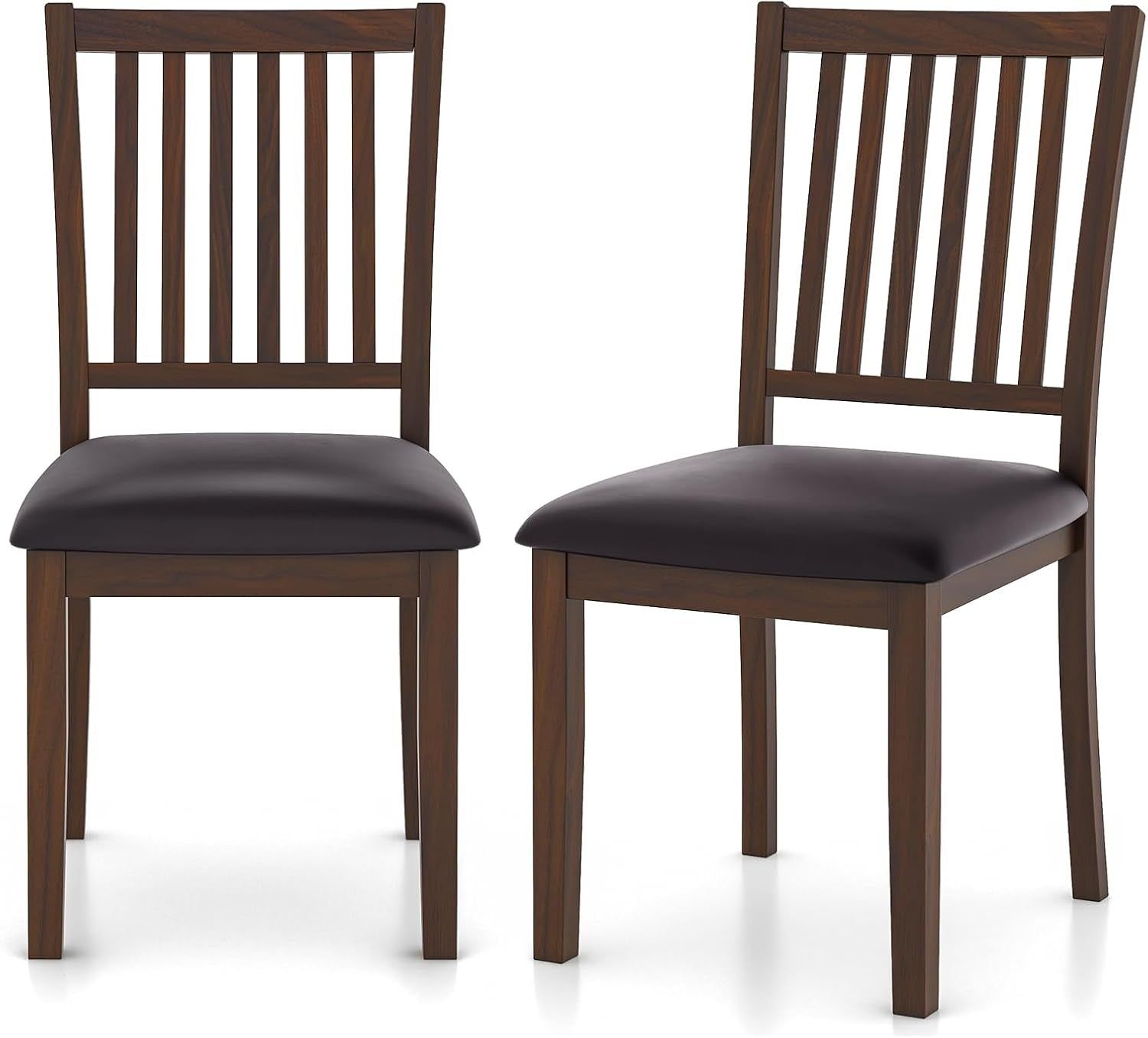 Wooden Dining Chairs Set of 2, Upholstered Kitchen Chairs W/Slat Back, Wear-Resistant PVC Leather, Rubber Wood Legs, Farmhouse Dining Side Chairs for Dining Room, Living Room, Espresso