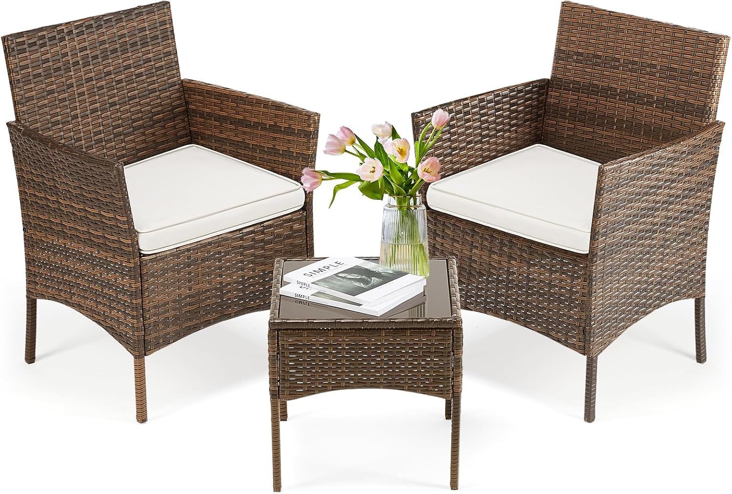 Patio Furniture Set 3 Pieces, Outdoor Wicker Furniture with Coffee Table, Modern Rattan Patio Chairs Conversation Sets with Sofa for Garden, Terrace, Porch, Balconies, Lawns(Brown and Beige)