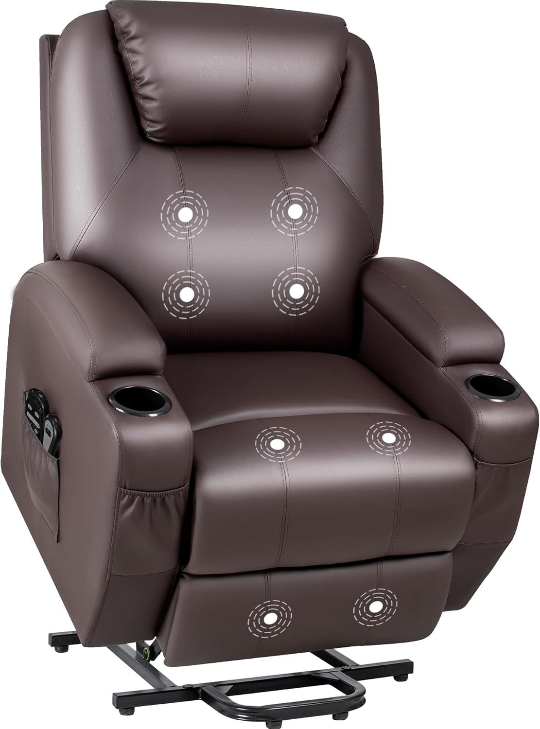 Power Lift Recliner Chair with Massage for Elderly PU Leather Modern Reclining Sofa Chair with Cup Holders, Remote Control, Adjustable Furniture (Brown)