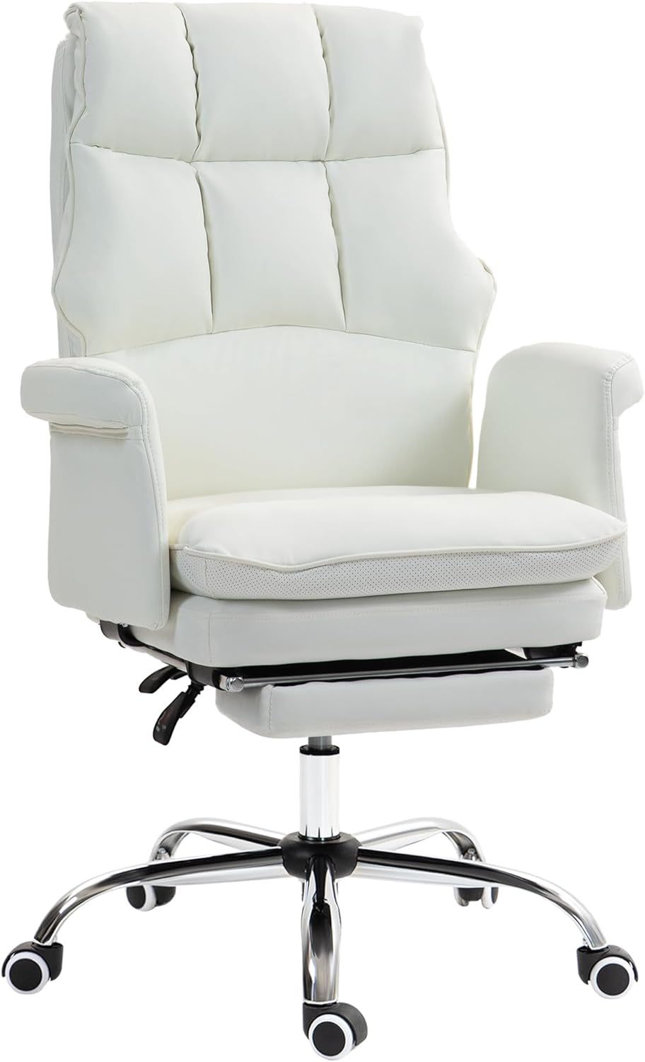 Executive Office Chair, PU Leather Ergonomic Office Desk Chair with Footrest, Reclining and Swivel Chair, White
