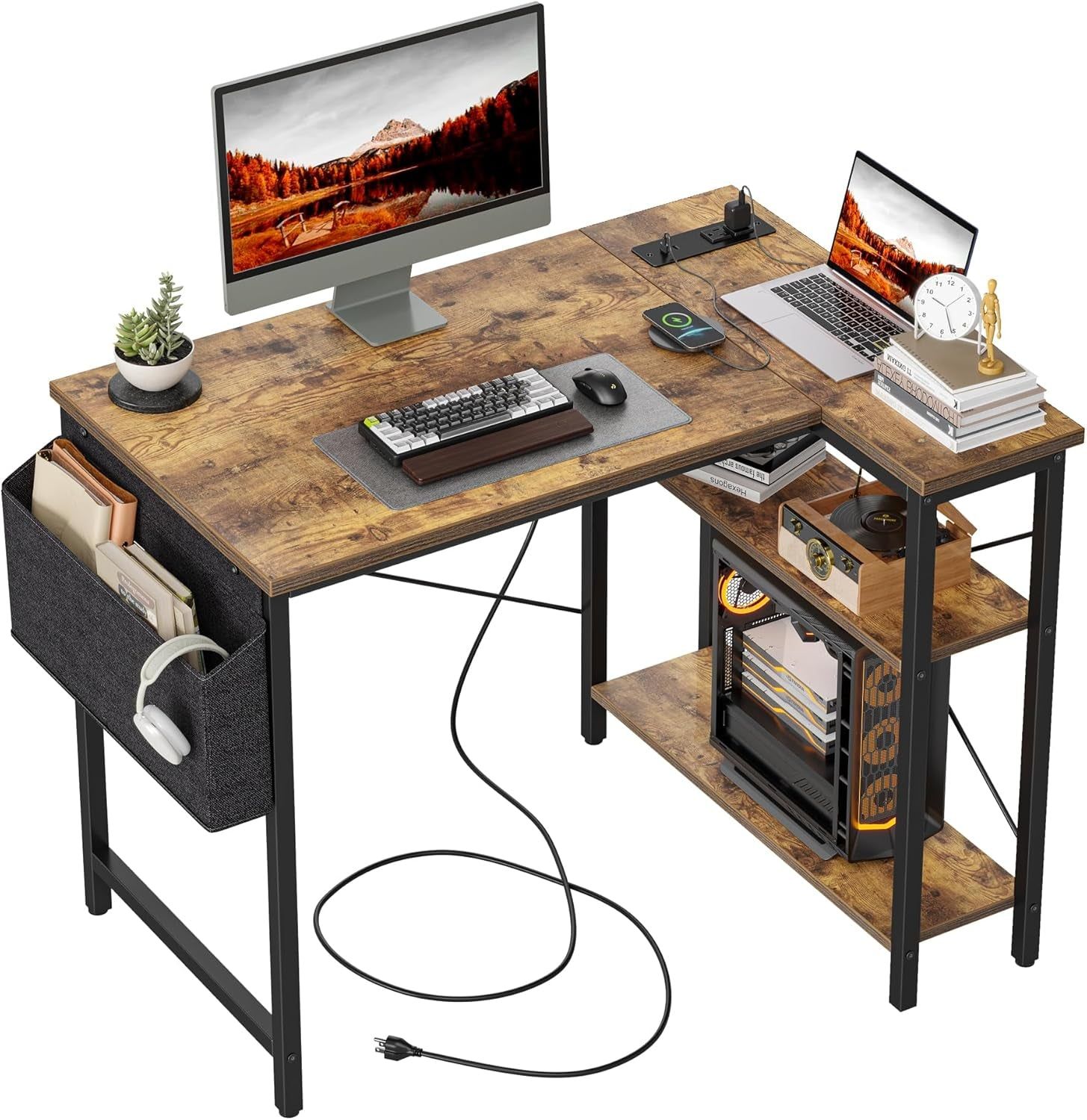 Small Computer Desk with Power Outlets, 40 Inch L Shaped Desk with Reversible Shelves, Gaming Desk Corner Desk Study Writing Desk for Home Office Bedroom Small Space, Rustic Brown