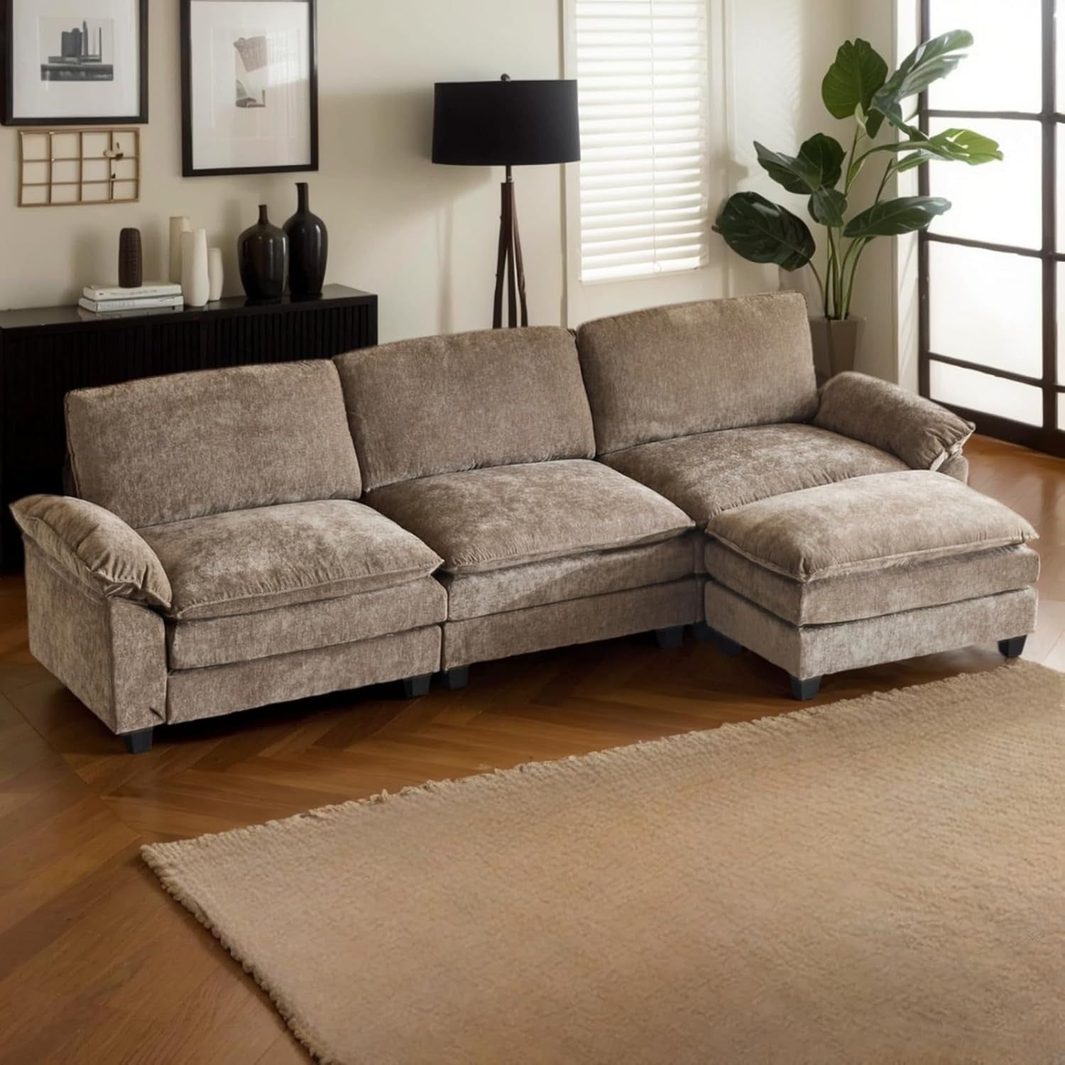 Sectional Sofa Modular Deep Seat Sofa Couch with Ottoman, Chenille Sofa Sleeper Comfy Upholstered Furniture for Living Room, Apartment, Studio, Office, (3-Seat &amp; 1-Ottoman, Light Brown)