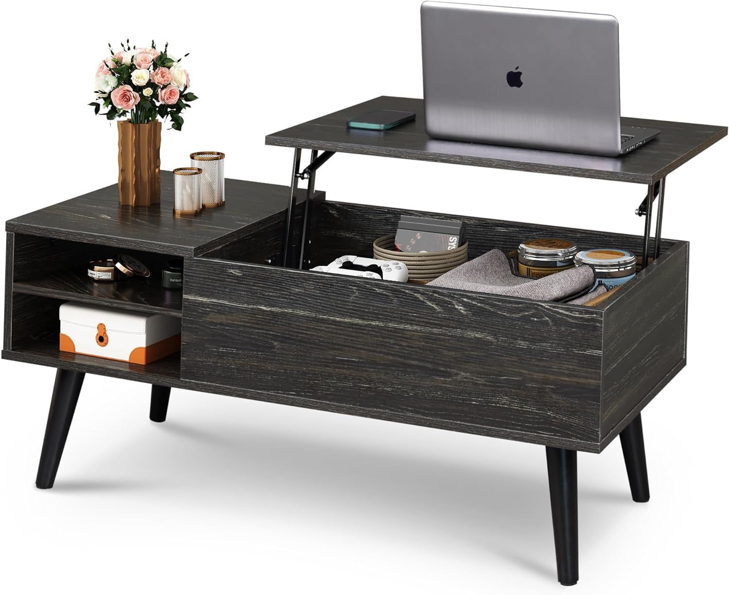 Wood Lift Top Coffee Table with Hidden Compartment and Adjustable Storage Shelf, Lift Tabletop Dining Table for Home Living Room, Office, Charcoal Black