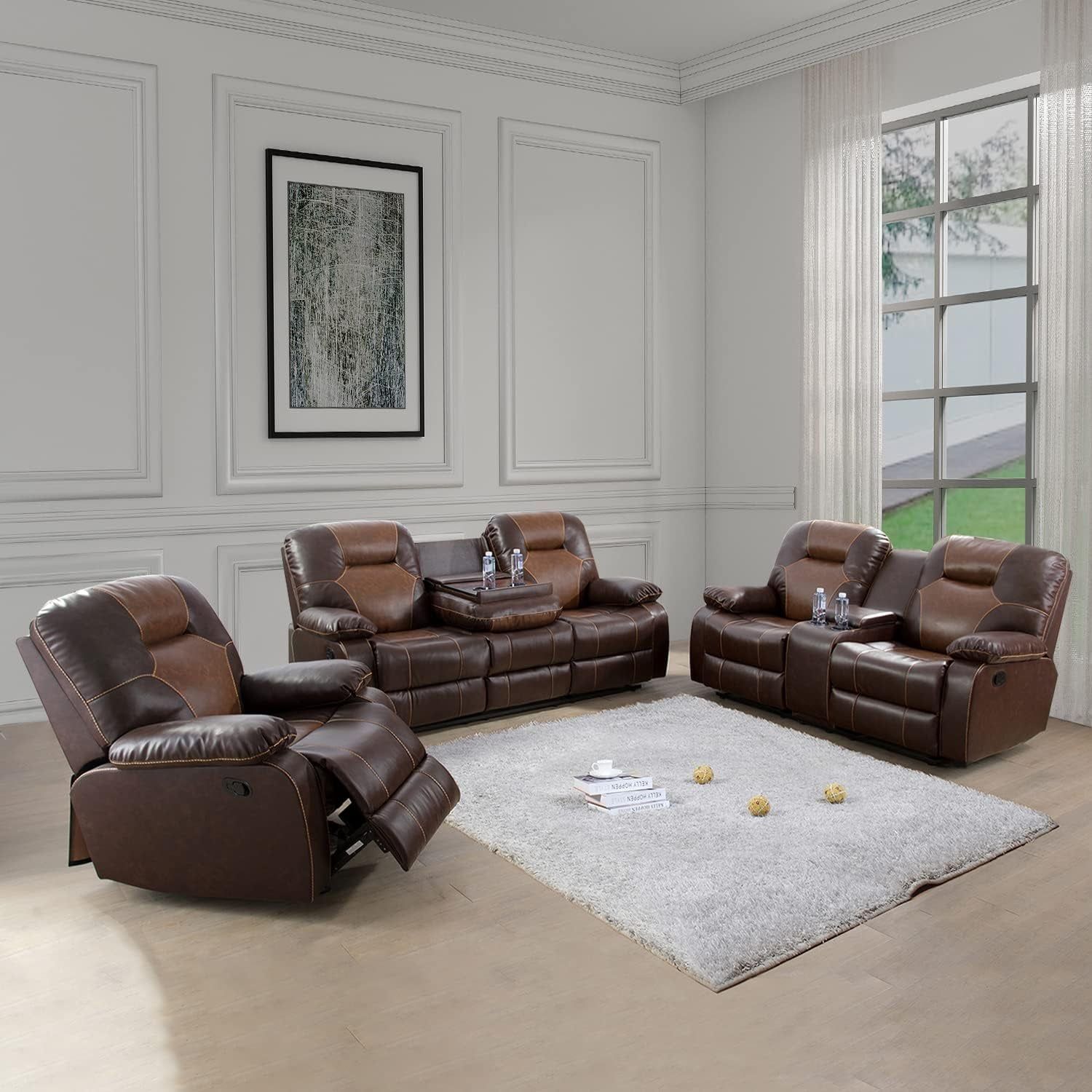 Manual Recliner Sofa Set, Bonded Leather Sofa with Recliners, Reclining Couch with Storage Console and Cup-Holders for Living Room/House/Bedroom/Office/Apartment (Brown / 3 Pieces Set)