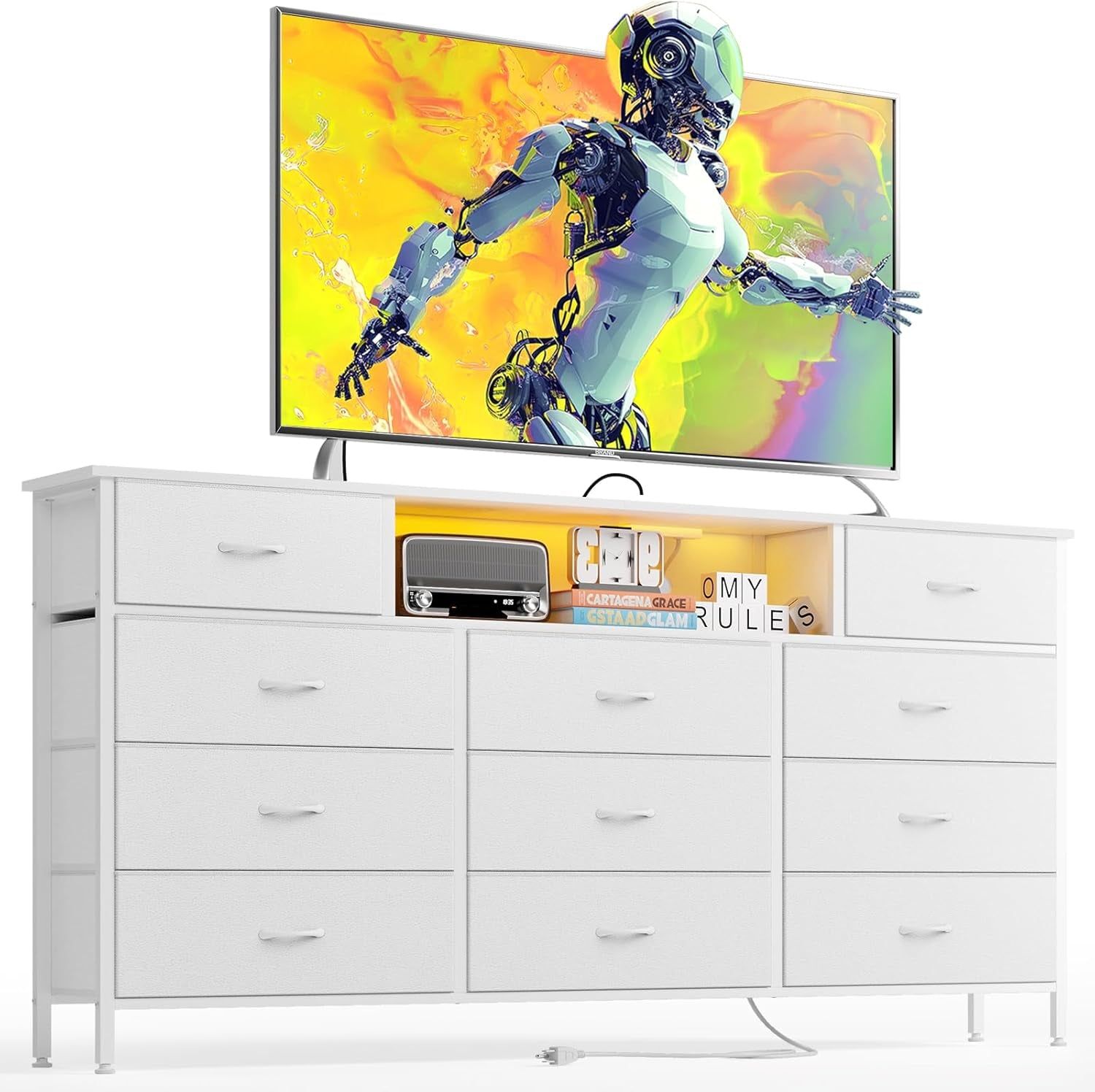 Long Dresser for Bedroom with Charging Station and LED Lights, White Dresser TV Stand with 11 Drawers, Fabric Chest of Drawers with PU Finish for Bedroom, Living Room, Entryway