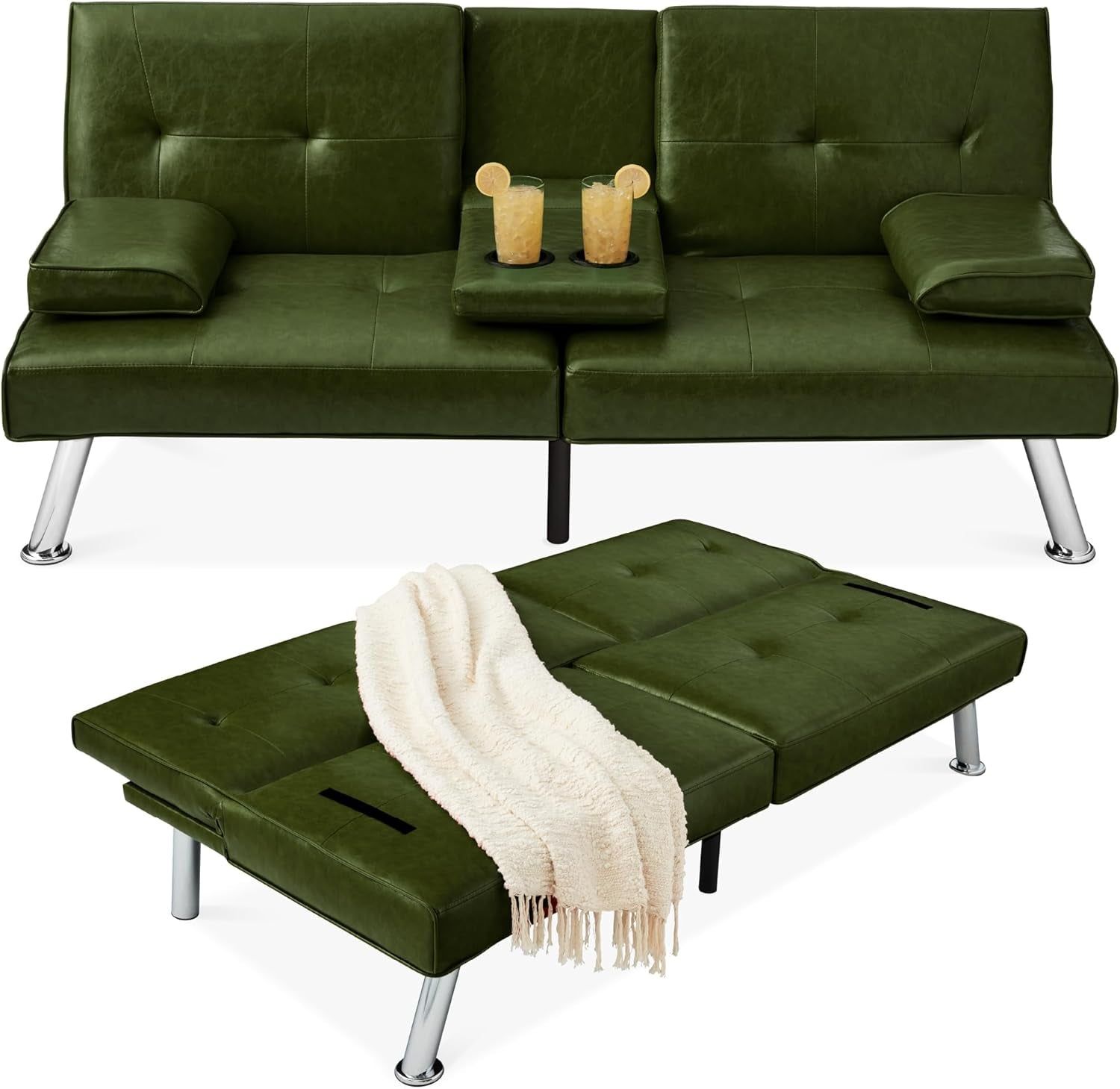 Faux Leather Upholstered Modern Convertible Futon, Adjustable Folding Sofa Bed, Guest Bed W/Removable Armrests - Dark Green