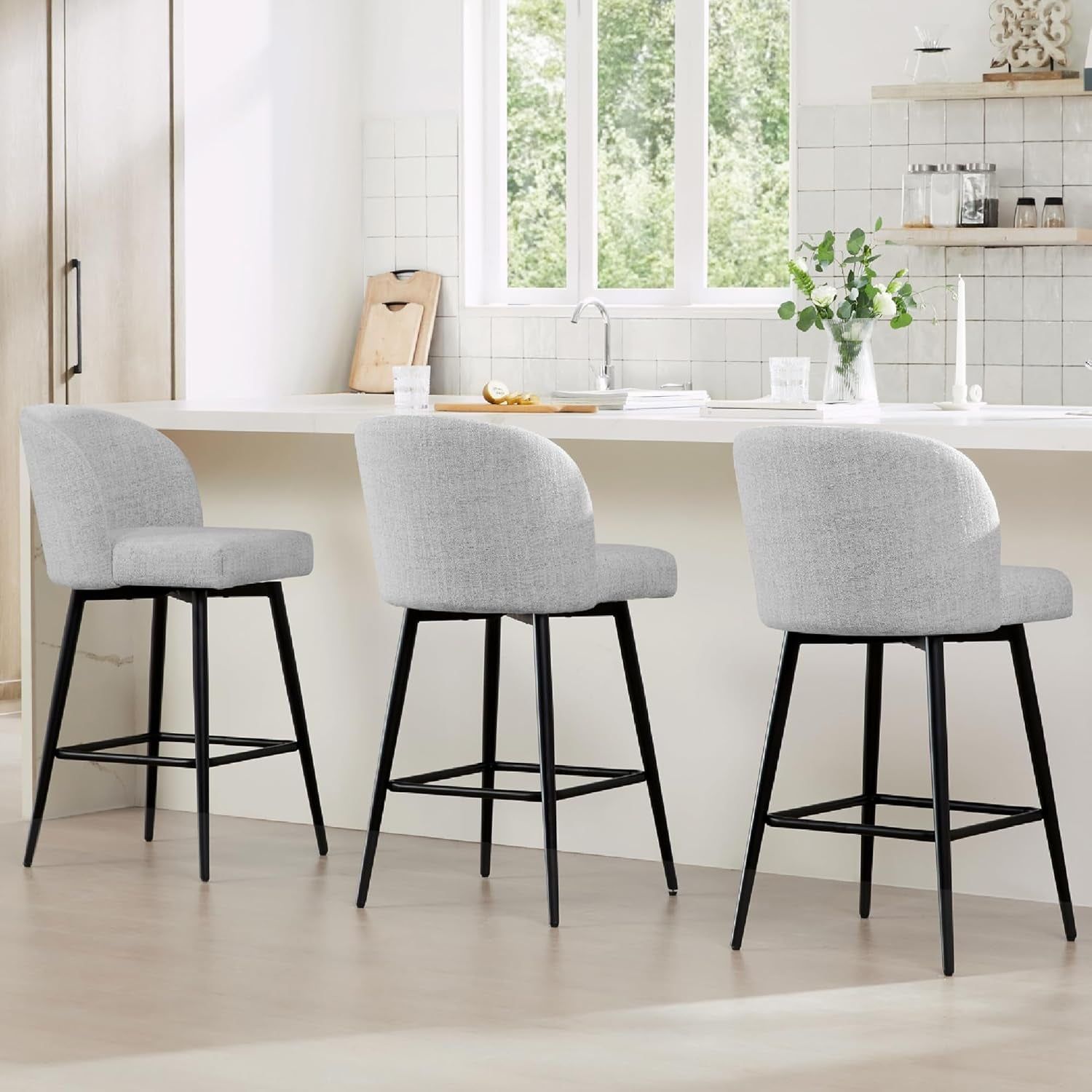 Counter Height Bar Stools Set of 3, 360° Swivel Upholstered Barstools with Backs and Metal Legs, 26&quot; H Seat Height, Fabric in White (Multi-Colored)