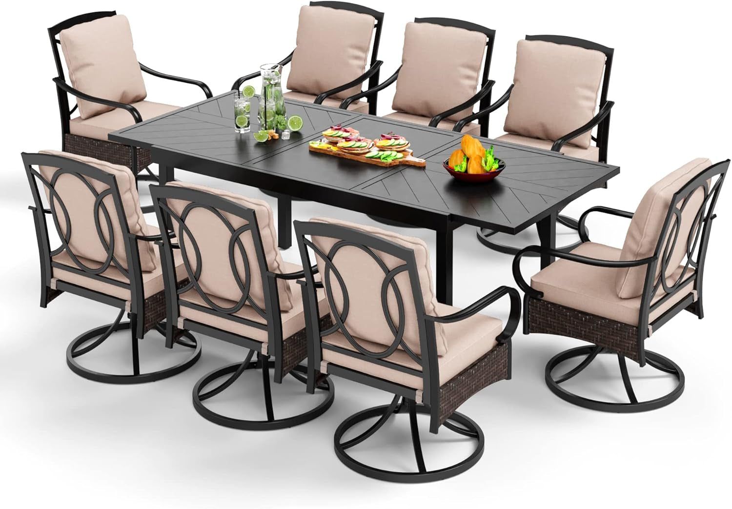 Heavy Duty 9-Piece Patio Dining Sets, Expandable Outdoor Table and Chairs Set for 8, 8 Extra Large Swivel Chairs, Rectangular Metal Dining Table for Deck, Backyard and Garden