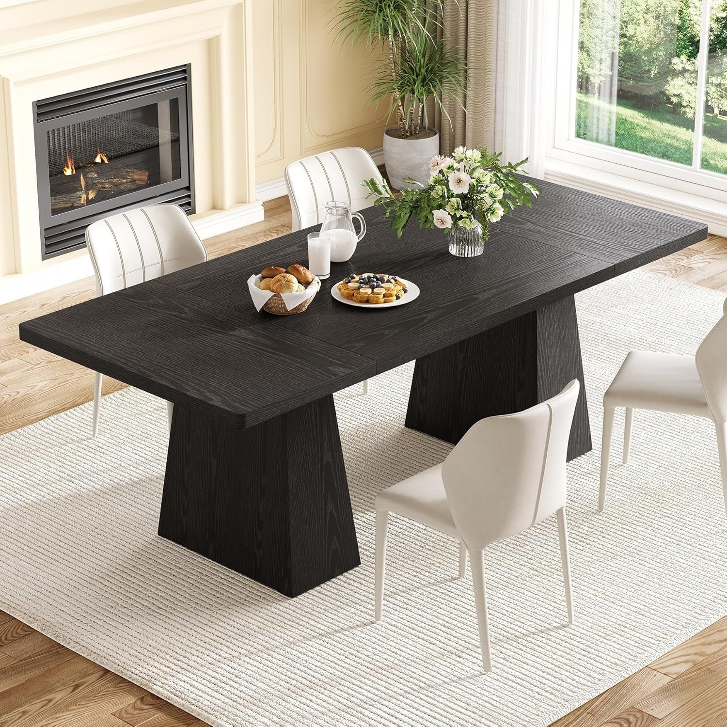 Dining Table for 6 People, Wooden Dining Table, Rectangle Table with Heavy Duty Legs, Modern Dining Table for Kitchen, Dining Room, Black