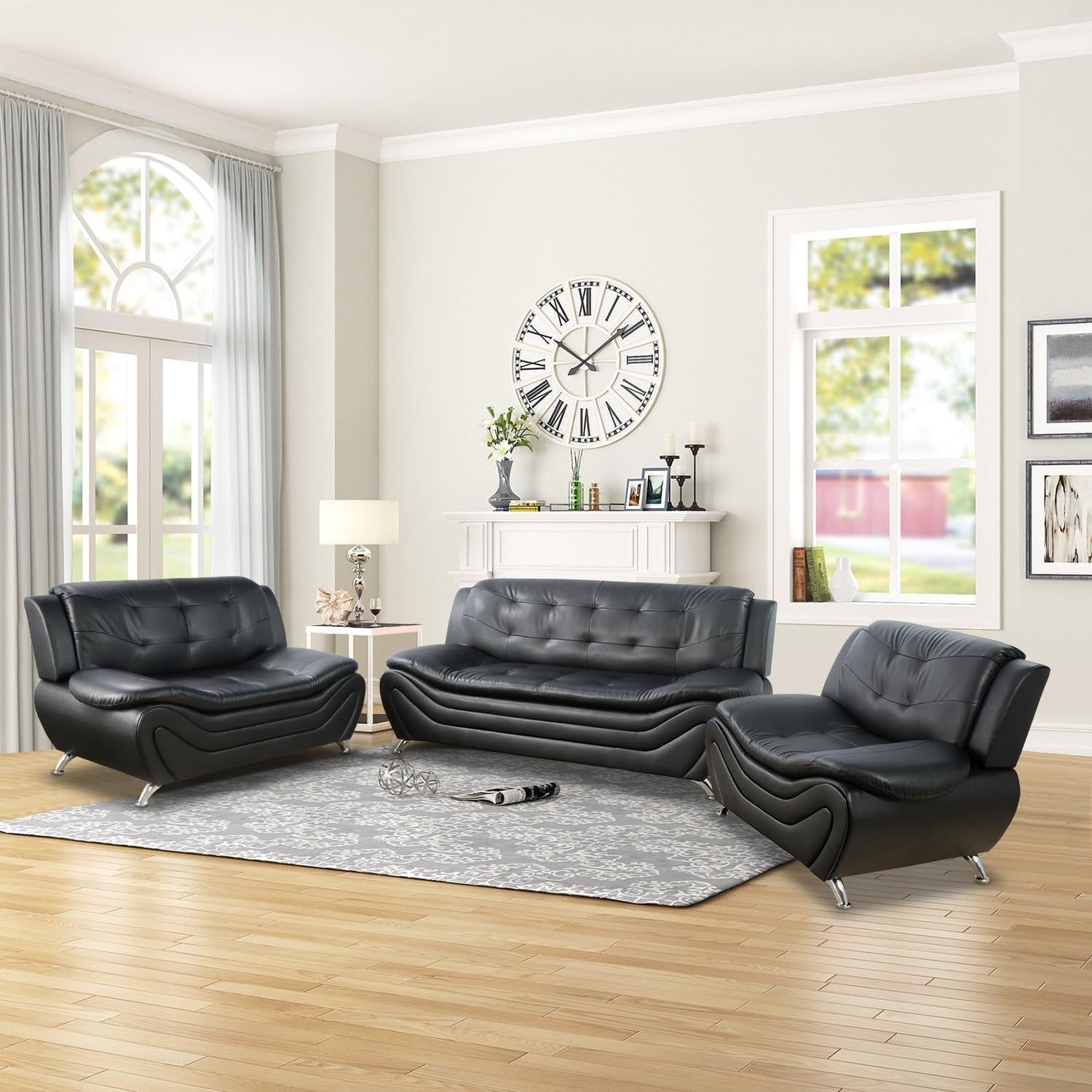 Leather Sofa Set,Leather Sofa Set for Living Room Furniture Sets, Loveseat Sofa with Chair 3-Piece for Living Room/Office/Apartment(Black)