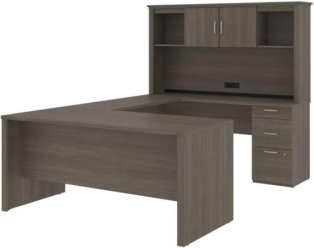 Logan 66W U or L-Shaped Executive Office Desk with Pedestal and Hutch in Bark Grey, Table Workstation for Personal Home Workspace