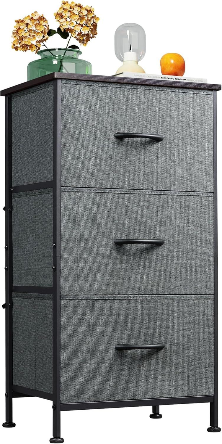 Dresser with 3 Drawers, Fabric Nightstand, Organizer Unit, Storage Dresser for Bedroom, Hallway, Entryway, Closets, Sturdy Steel Frame, Wood Top, Easy Pull Handle, Dark Grey