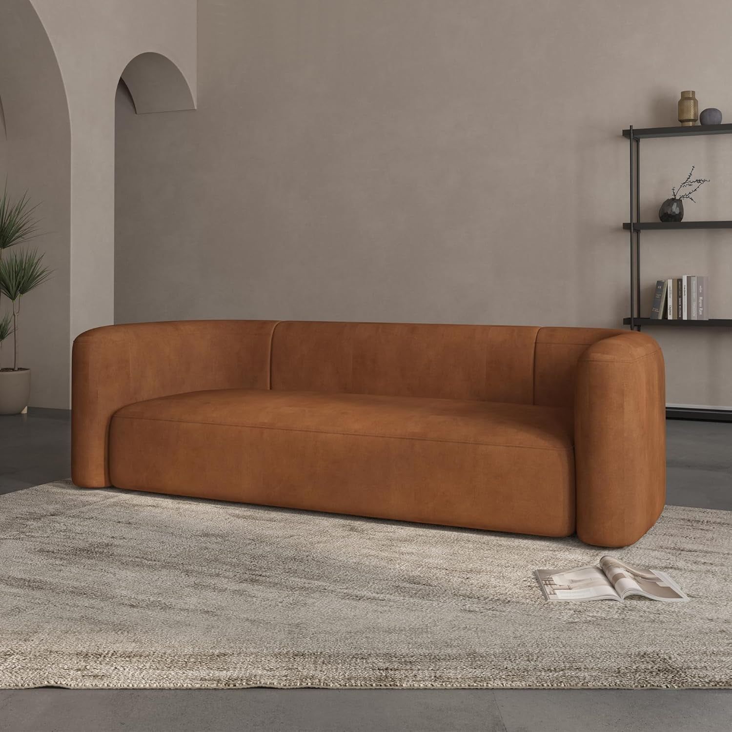 Luxury Modern Tight Curved Back Velvet Sofa, Minimalist Style Comfy Couch for Living Room Apartment, 3 Seater, Tangerine