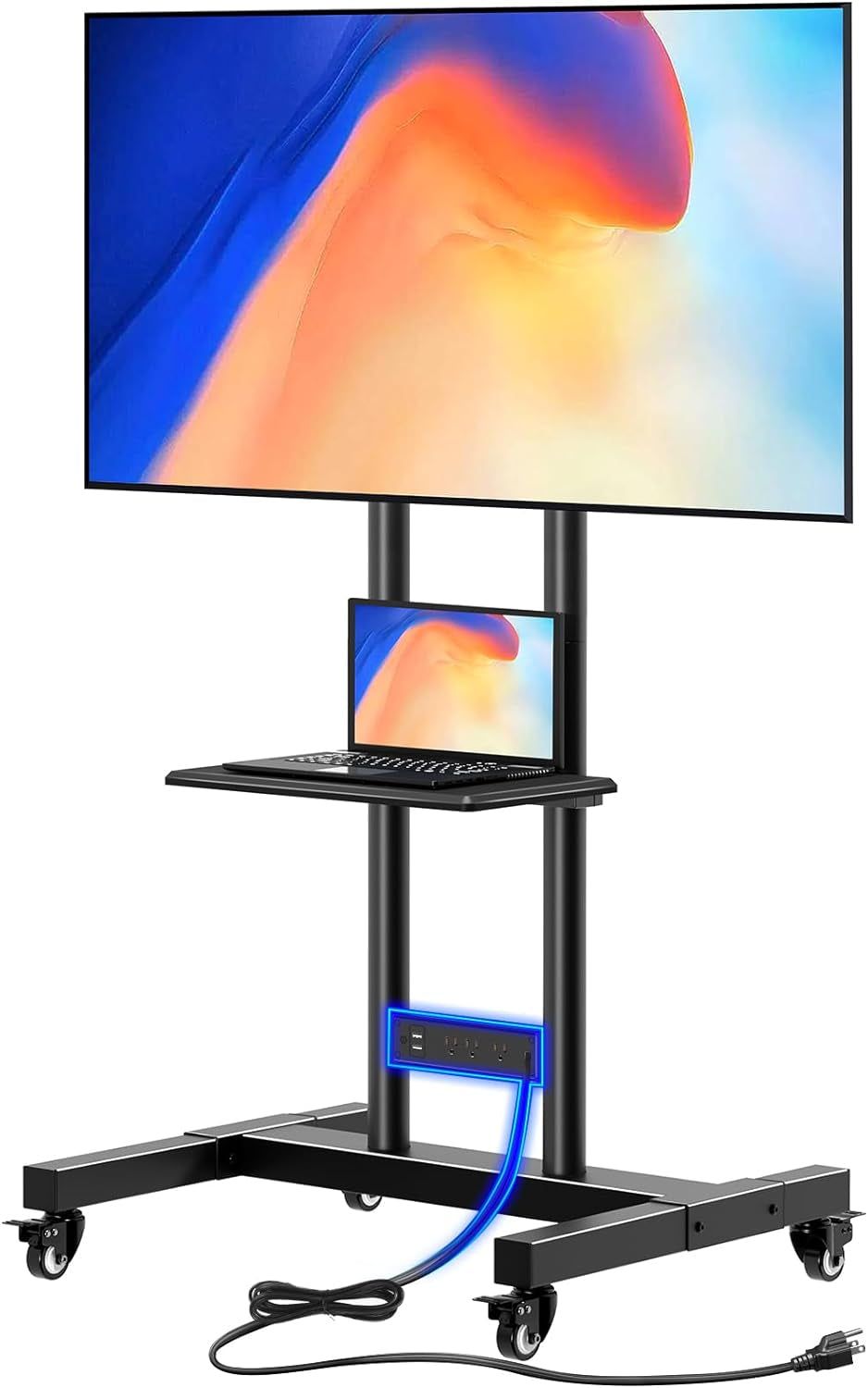 TV Stand with Power Outlet, Mobile TV Cart on Wheels for 32-85 Inch LED LCD Flat Curved Panel Screen Tvs, up to 132Lbs, Height Adjustable Rolling TV Stand with AV Shelf, Max VESA 600X400Mm