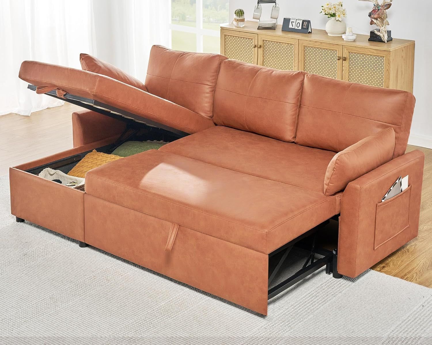 Sleeper Sofa, Sofa Bed- 2 in 1 Pull Out Couch Bed with Storage Chaise, Sofa Sleeper Couch for Living Room, Brown Leathaire Sofa