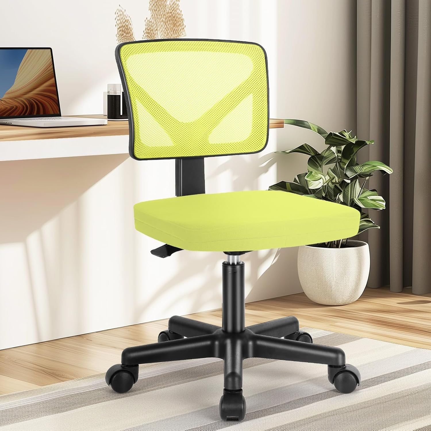 Armless Desk Chairs with Wheels Cute Home Office Chair No Arms, Ergonomic Adjustable Swivel Rolling Task Chair, Comfy Mesh Mid Back Computer Work Vanity Chair for Small Spaces, Green