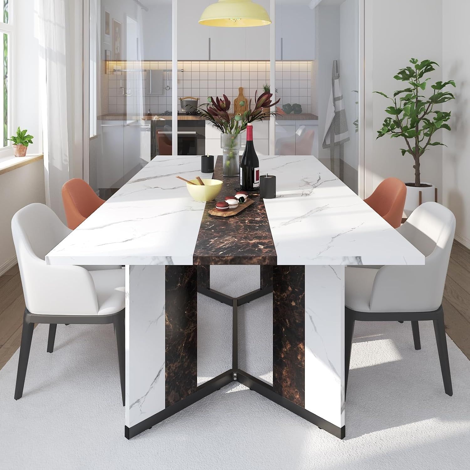 71In Large Rectangular White Dining Table for 4 5 6 7 People W/35In Marble-Color Wood Watrproof Tabletop,Adjustable Leg.6Ft Luxurious Family Dinner Table for Home Kitchen Living Room