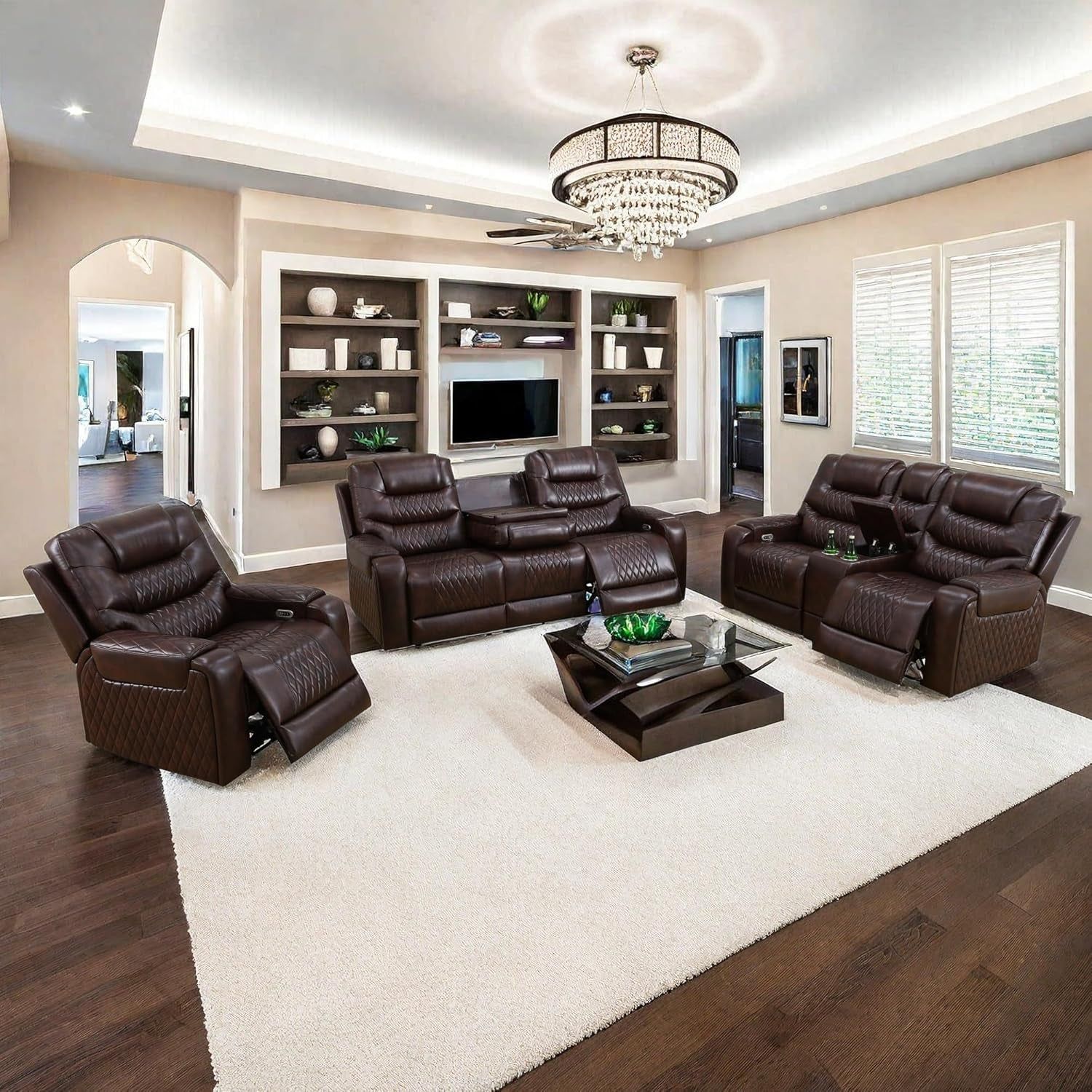 Living Room Furniture Set, Power Reclining Sofa Set, Air Leather Recliners with Built-In USB Ports and Storage Console, LED Reclining Couch Set for Living Room (Wine, Sofa Loveseat Chair)