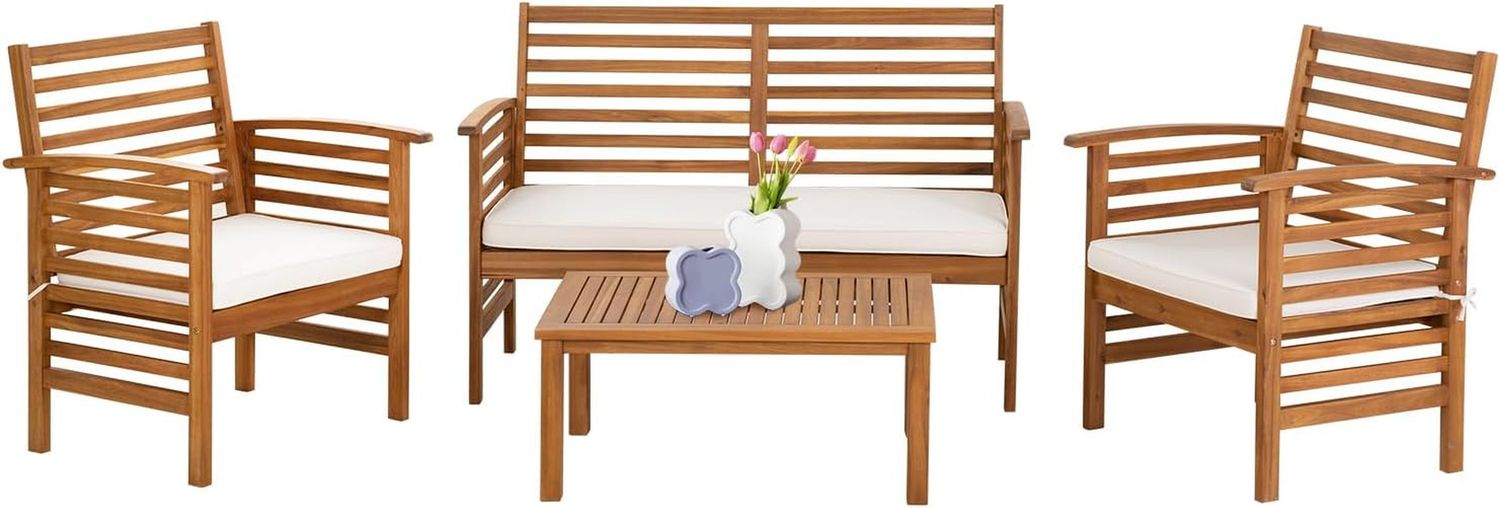 Outdoor Wood Sofa Set Patio Conversation Sets Acacia Patio Sofas Set with Thick and Soft Cushions Easy to Assemble Patio Furniture Set Natural Acacia Wood Compact and Sturdy Design Furniture Set