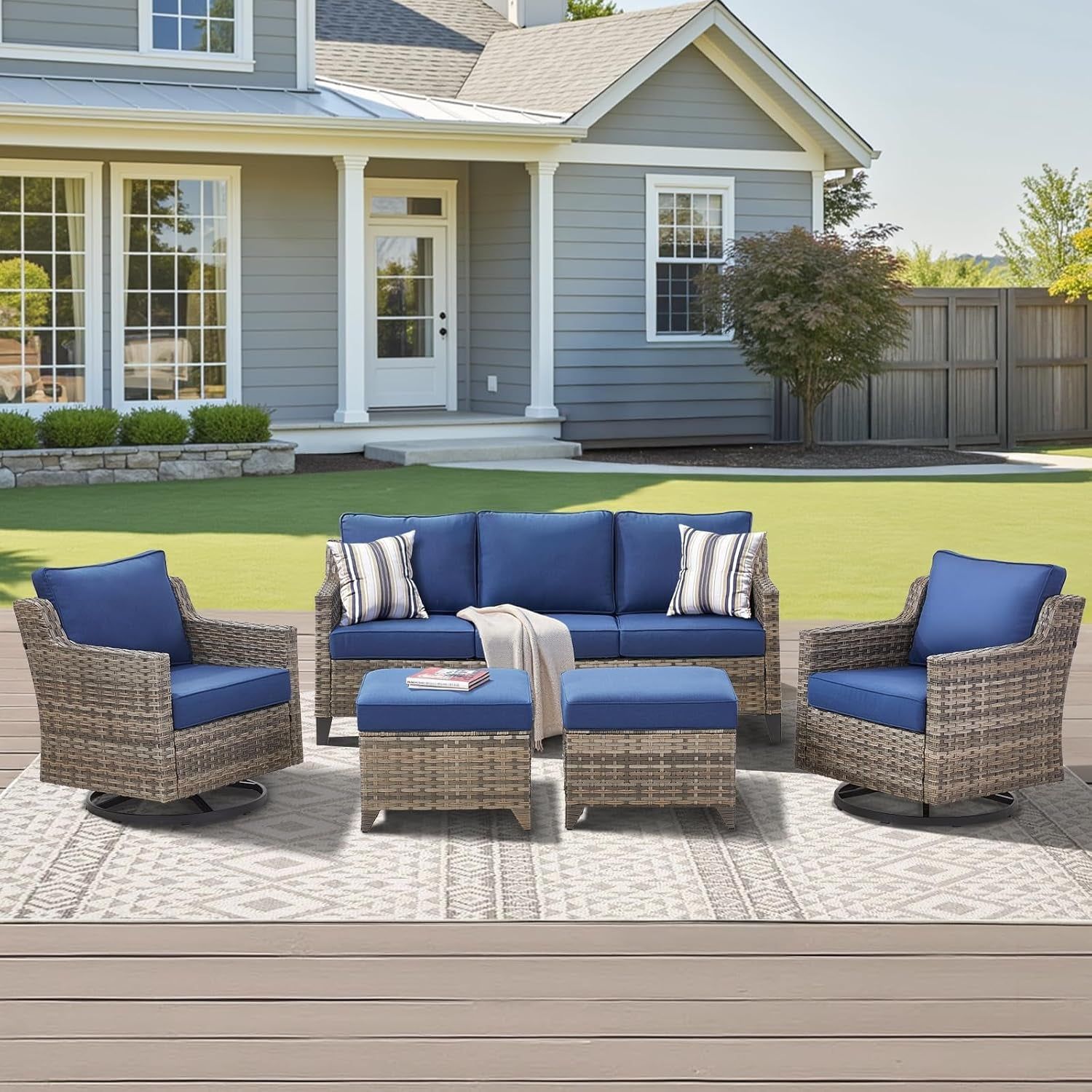 Outdoor Patio Furniture Set-5 Pieces All-Weather Wicker Outdoor Furniture with Swivel Patio Chairs Outdoor Patio Conversation Sets for Garden Porch Deck Grey/Blue