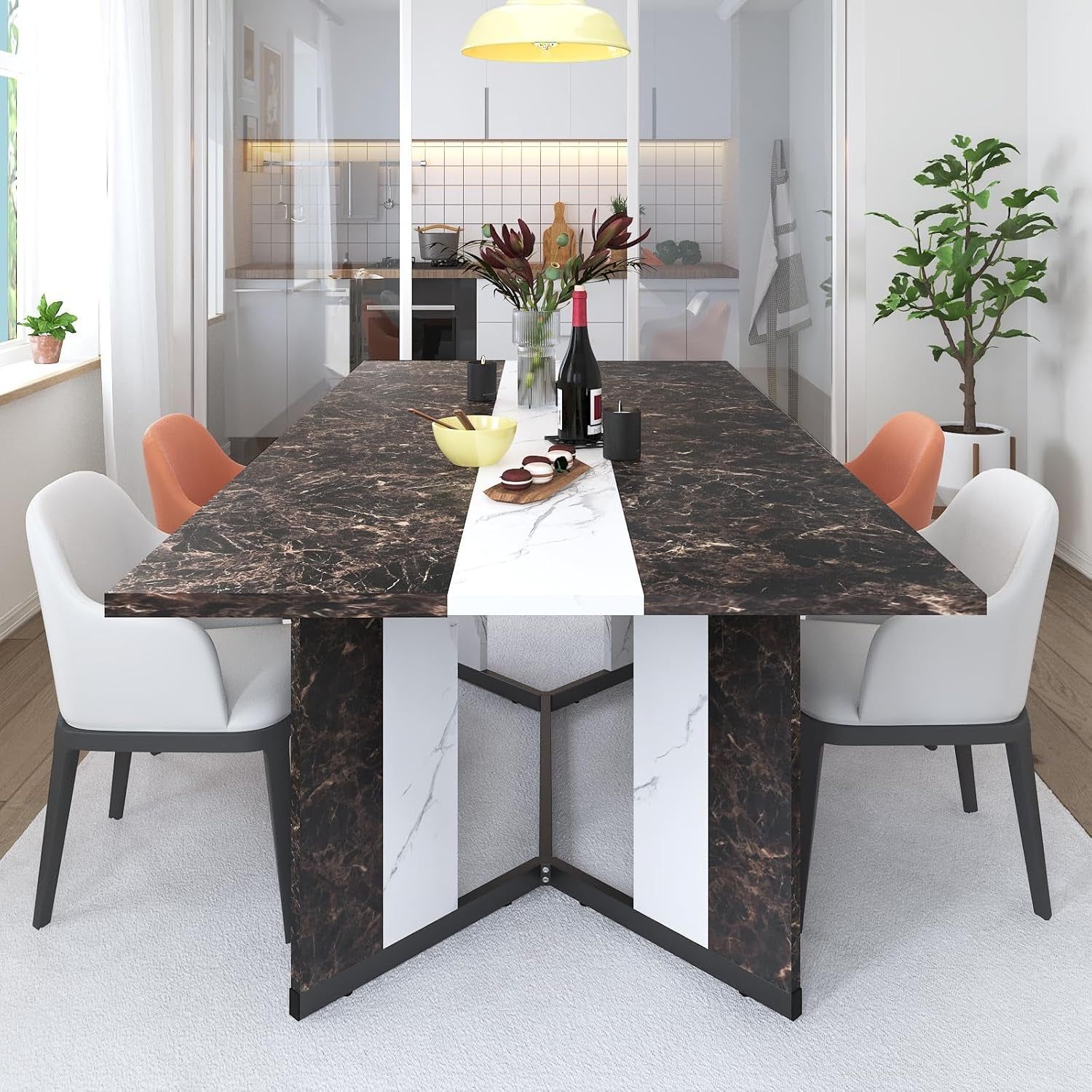 71In Large Rectangular Brown Dining Table for 4 5 6 7 People W/35 Marble-Color Wood Watrproof Tabletop,Adjustable Leg.6Ft Luxurious Family Dinner Table for Office Kitchen Living Room