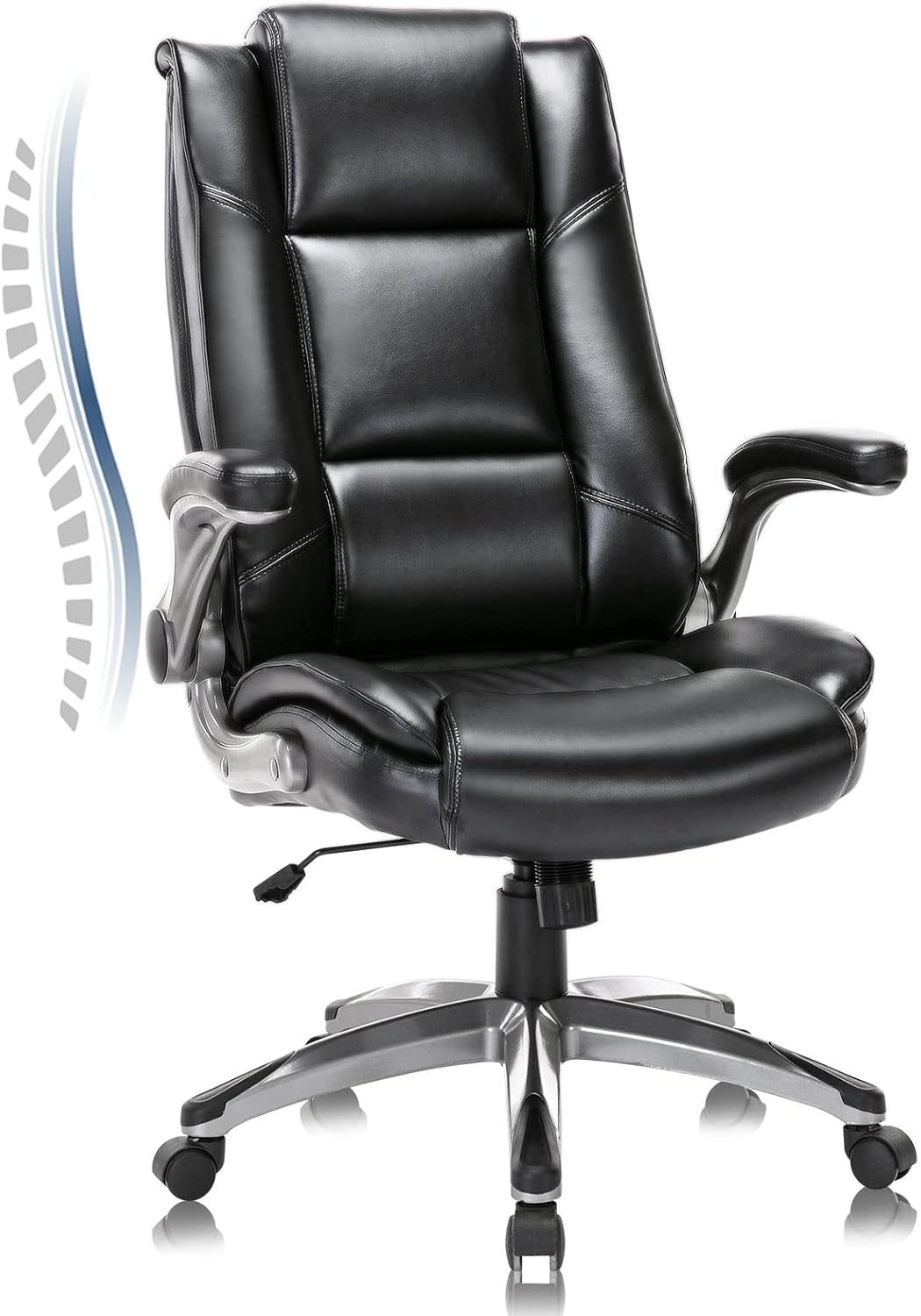 Leather Executive Office Chair - High Back Home Computer Desk Chair with Padded Flip-Up Arms, Adjustable Tilt Lock, Swivel Rolling Ergonomic Chair for Adult Working Study, Black