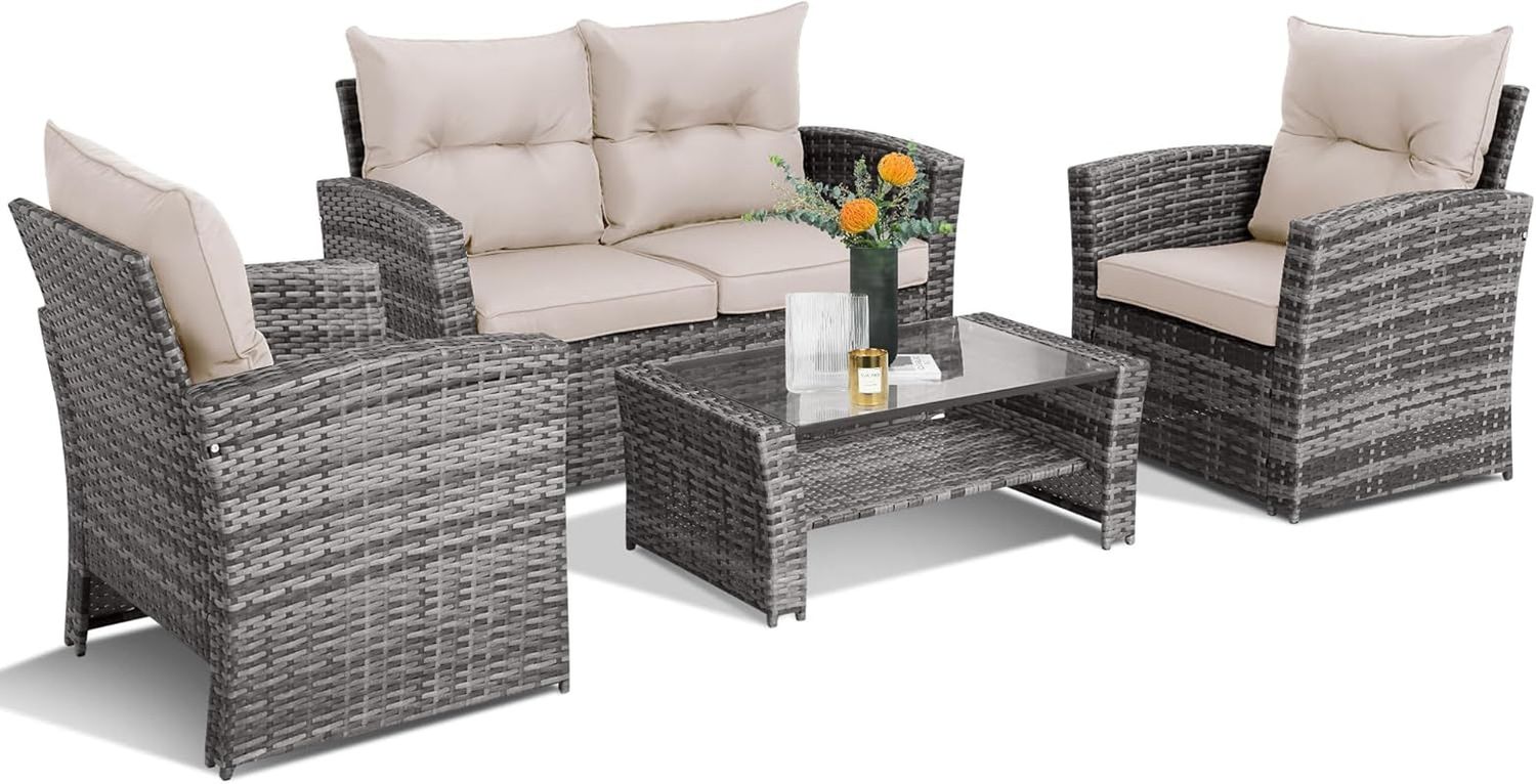 Patio Furniture Set,Outdoor Seating Patio Loveseat, 4 PCS Rattan Wicker Conversation Set with Glass Top Table and Chairs for Garden, Porch, Deck (Beige, 4Pcs)