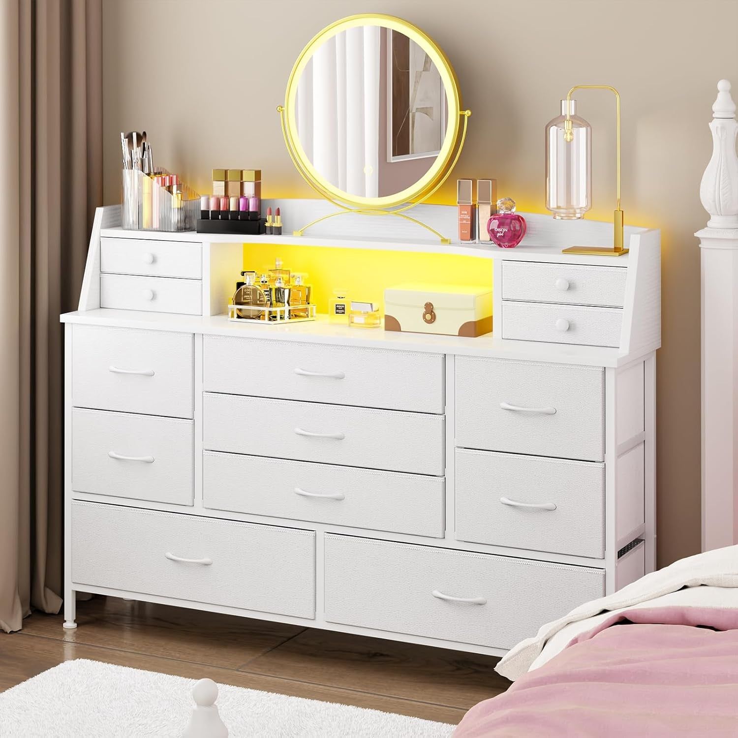 White Dresser for Bedroom with 13 Drawers, Fabric Chest of Drawers with PU Finish for Kids, Girls, Adults, Nursery, Living Room, Closet, Entryway, Hallway (No LED Lights)