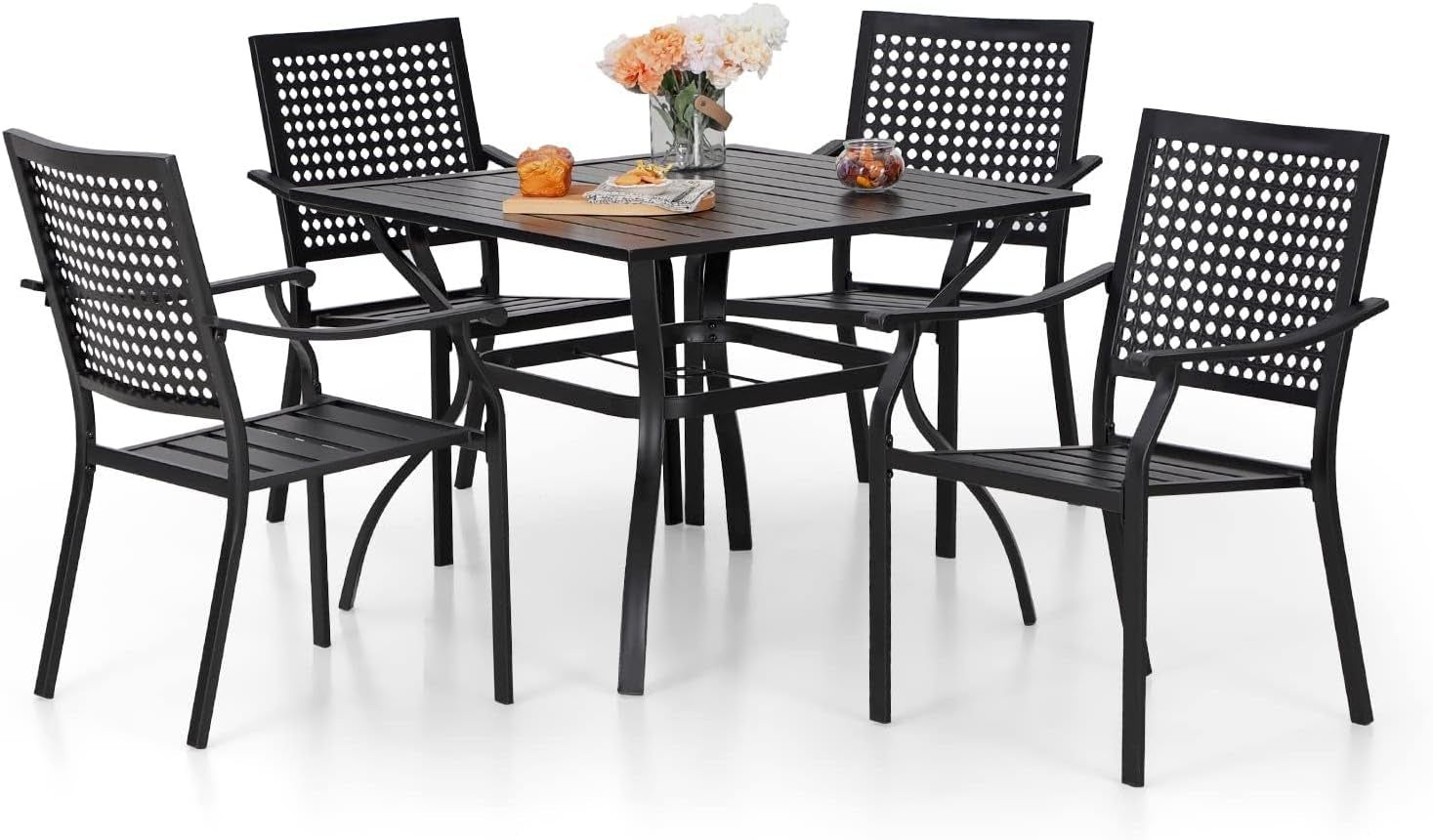 Patio Table and Chairs Set, Outdoor Dining Set for 4, 5 Piece Metal Patio Furniture, 37&quot; Black Square Table(Beehive)