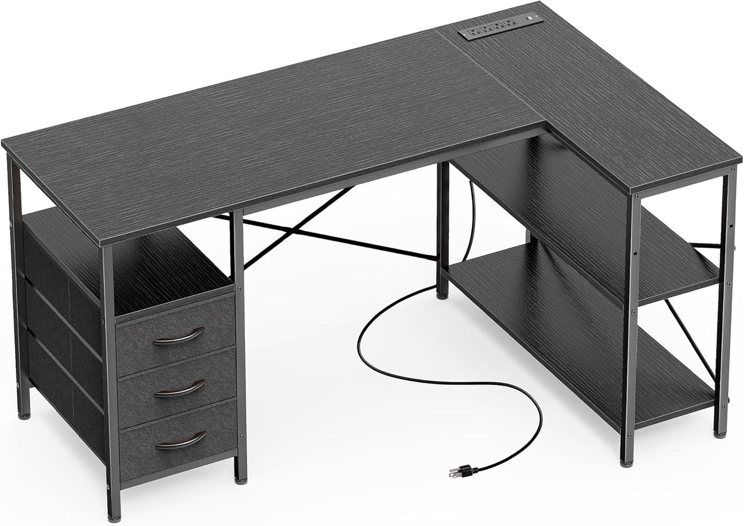 L Shaped Desk with Power Outlets, Computer Desk with 3 Drawers, 47 Inch Office Desk with Shelves, Gaming Desk, Corner Desk Work Desk for Home Office, Study, Black