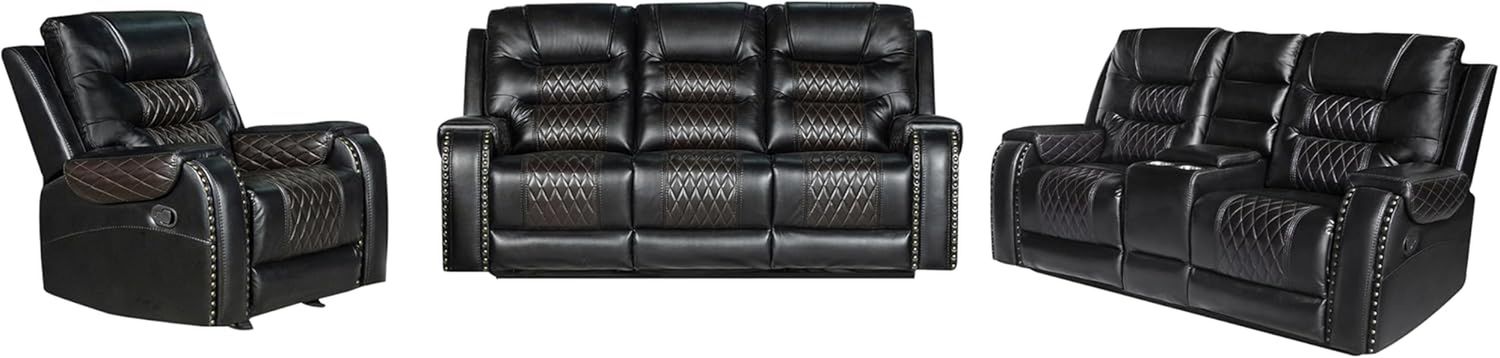 PU Leather Sofa Set, 3 Pieces Living Room Set with Cup Holders, Manual Recliner Sofa &amp;Loveseat &amp; Chair, Black