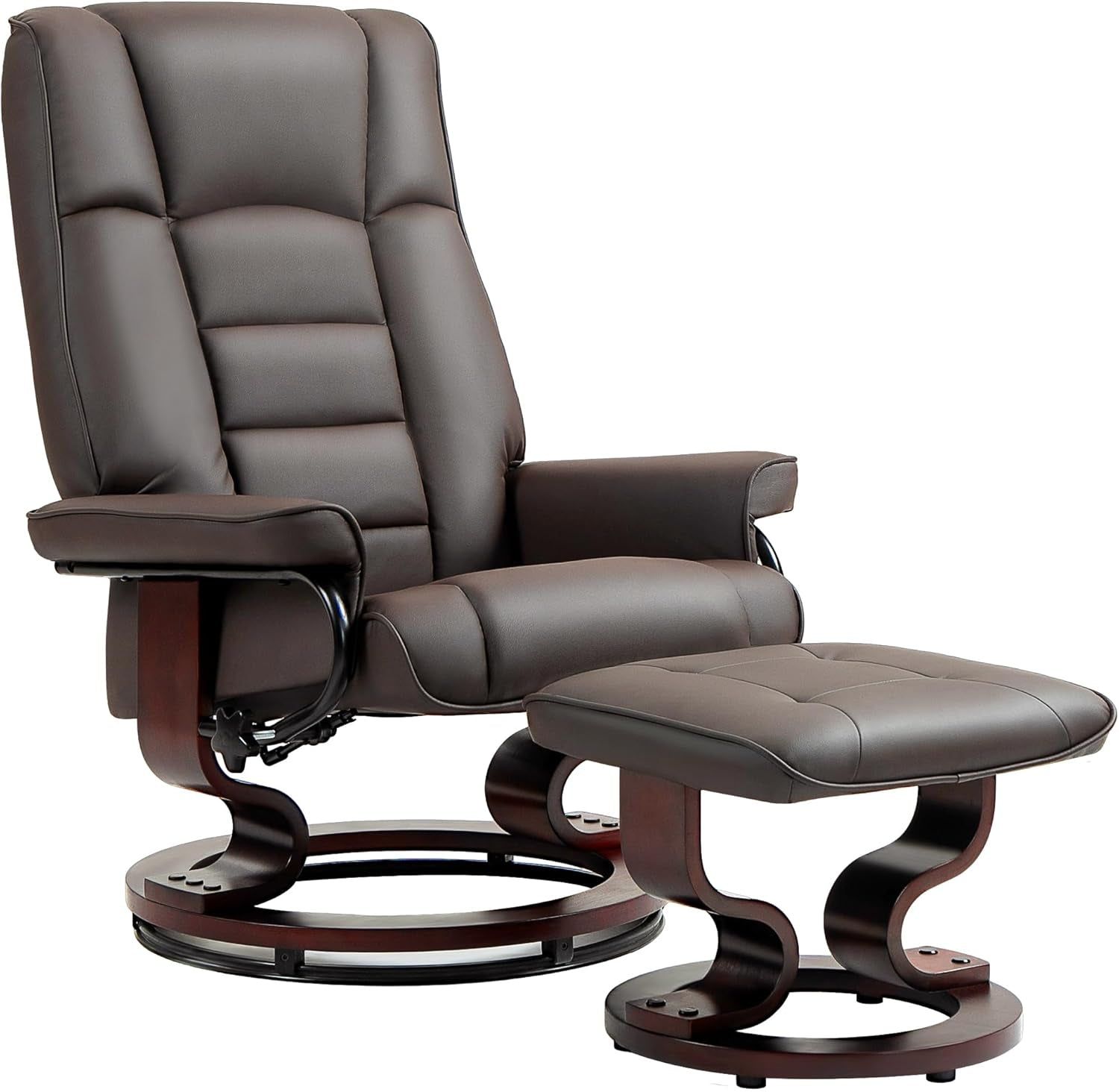 Faux Leather Reclining Chair, Swivel Ottoman Chair, Recliner with Ottoman with High Back and Wood Frame for Living Room, Brown