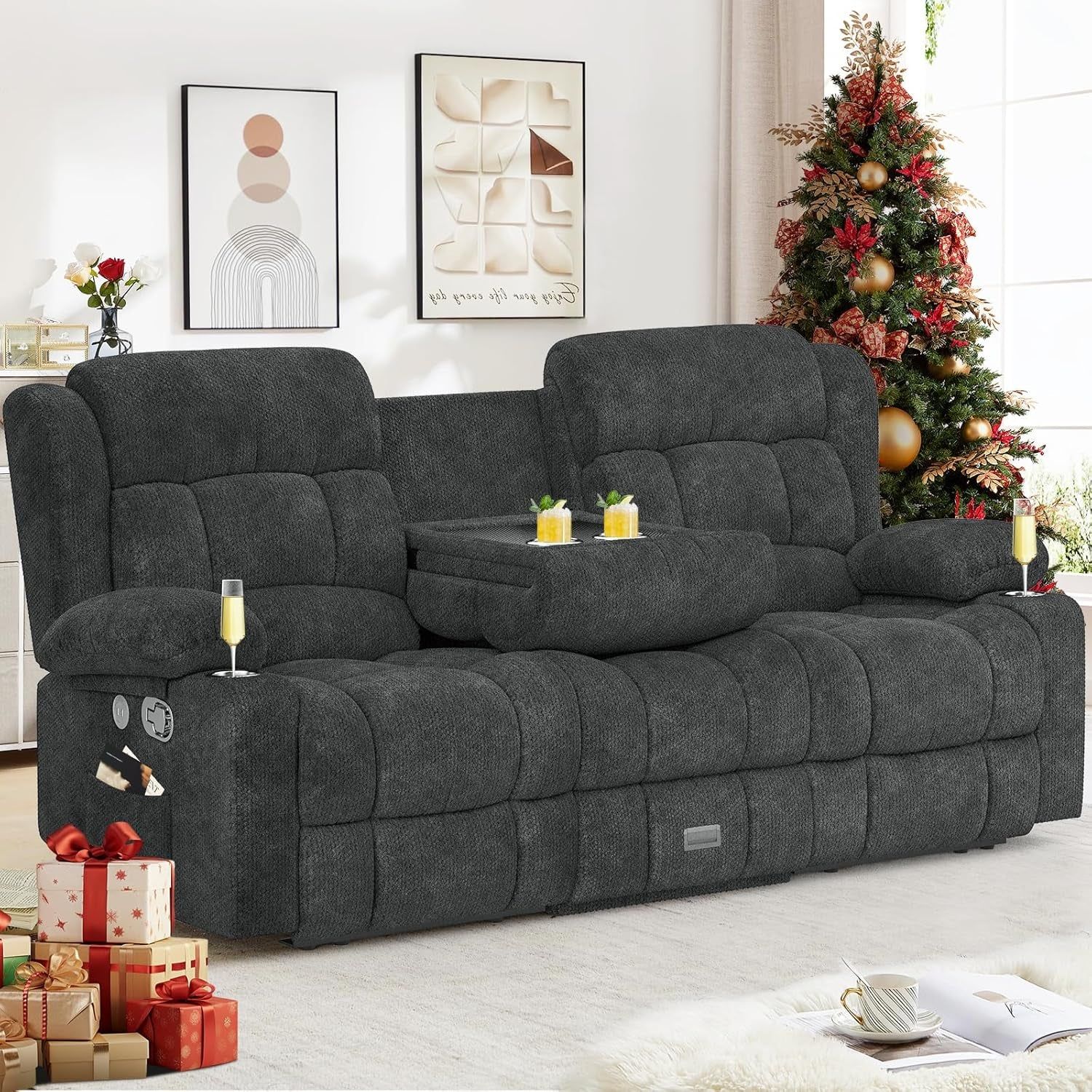 Loveseat Recliner Sofa, Flip Middle Backrest Design 3 Seat Reclining Sofa with Storage Drawer, USB Ports &amp; Cup Holders, Manual Couch for Living Room/Rv (Gray)
