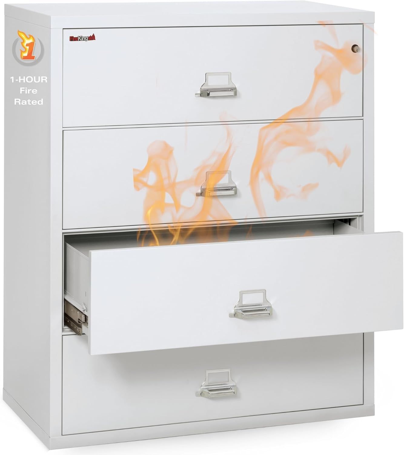 Lateral 4 Drawer Legal and Letter Fire Safe File Cabinet with Key Lock, 1 Hour Fire Rated, UL Rated &amp; Water Resistant Home Safe, Filing Cabinet, Made in the USA, Arctic White
